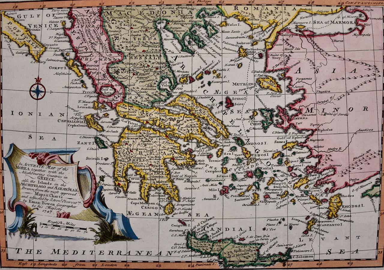 Mainland Greece & Islands: An Original 18th Century Hand-colored Map by Bowen