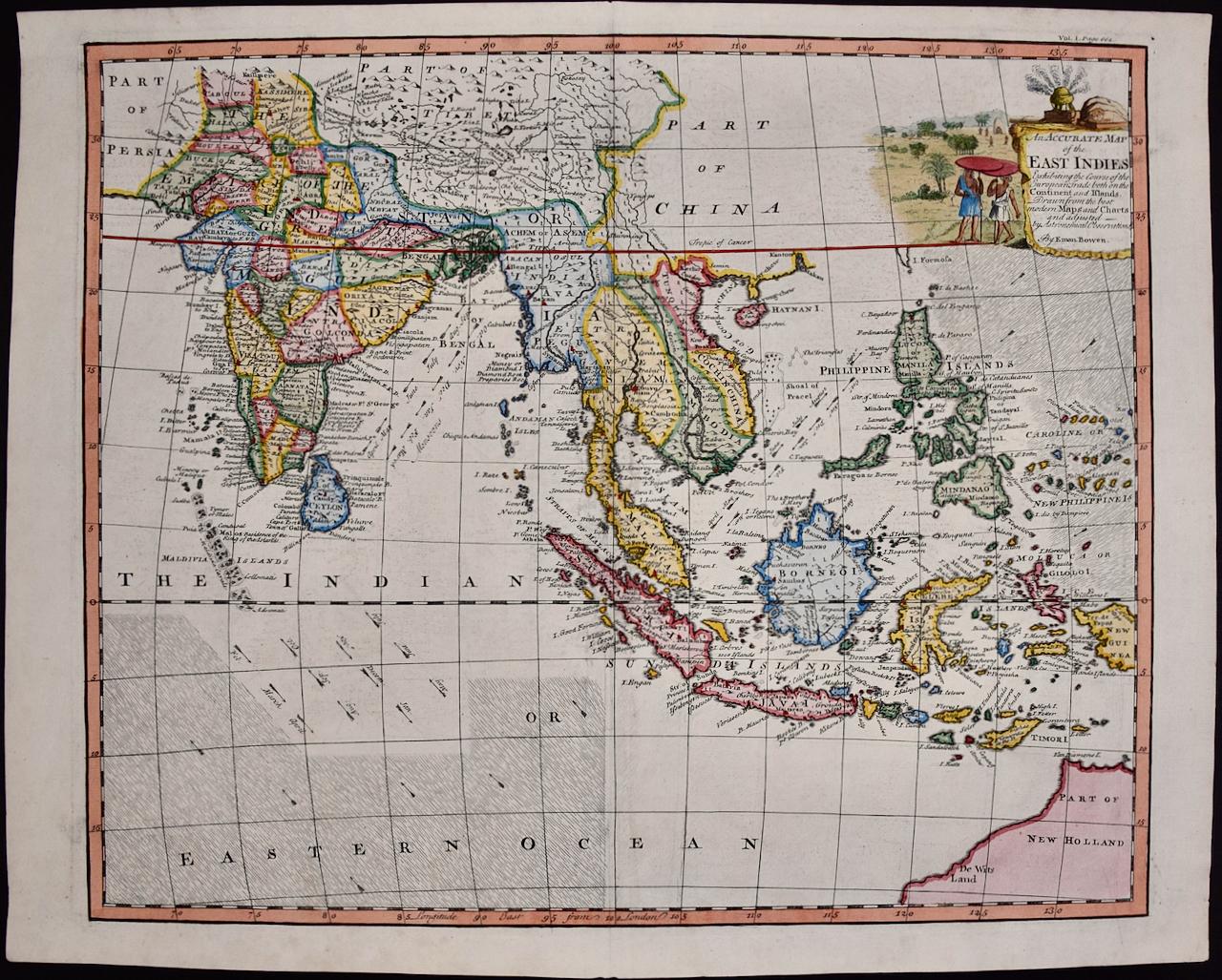 Print Emanuel Bowen - Carte des Indes orientales : une carte originale du 18e siècle colorée à la main par E. Bowen
