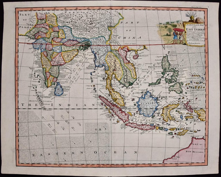 Emanuel Bowen - Map of the East Indies: An Original 18th Century  Hand-colored Map by E. Bowen For Sale at 1stDibs