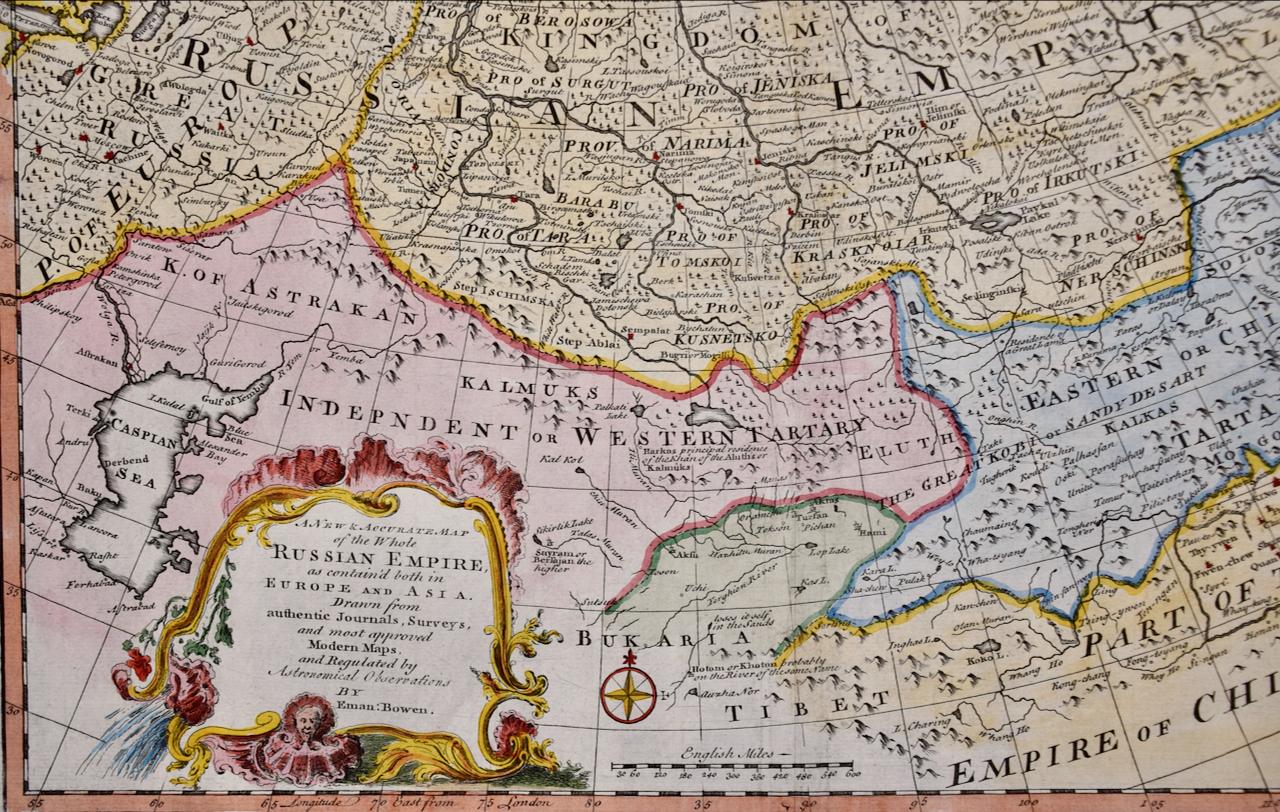 Carte de l'Empire russe : une carte originale du 18e siècle colorée à la main par E. Bowen - Print de Emanuel Bowen