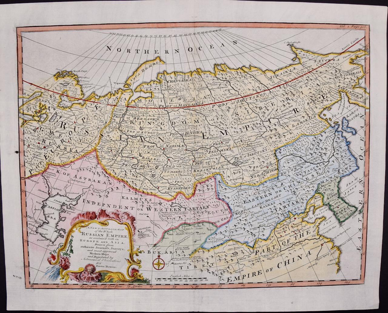 Print Emanuel Bowen - Carte de l'Empire russe : une carte originale du 18e siècle colorée à la main par E. Bowen
