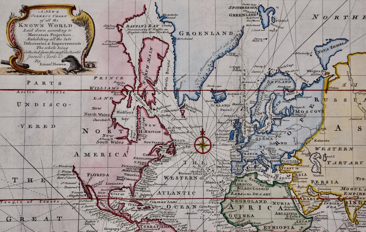 Map of the World: An Original 18th Century Hand-colored Map by E. Bowen - Print by Emanuel Bowen
