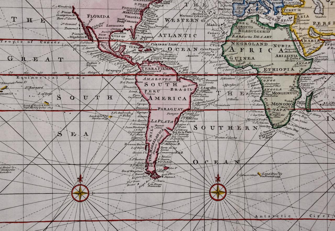 Carte du monde : une carte originale du 18e siècle colorée à la main par E. Bowen - Gris Print par Emanuel Bowen