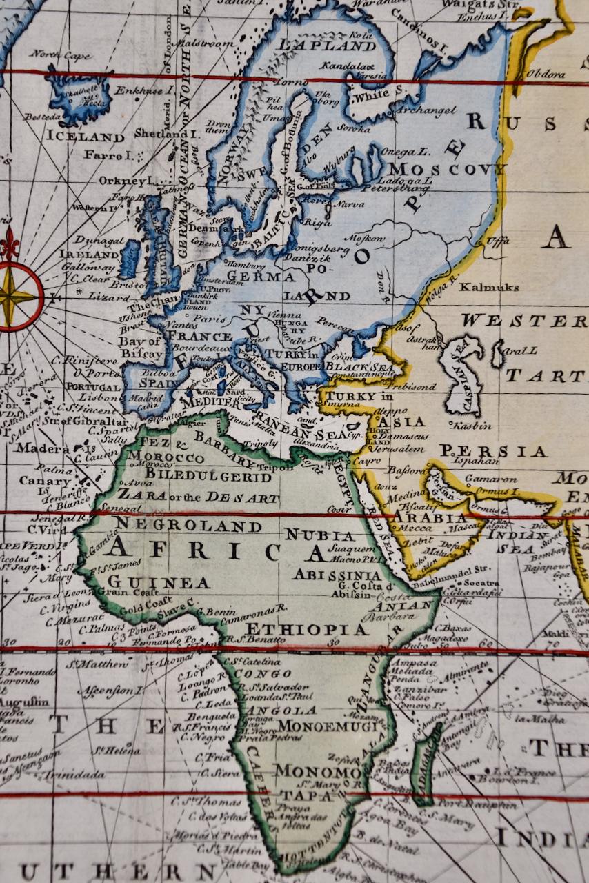Carte du monde : une carte originale du 18e siècle colorée à la main par E. Bowen en vente 1