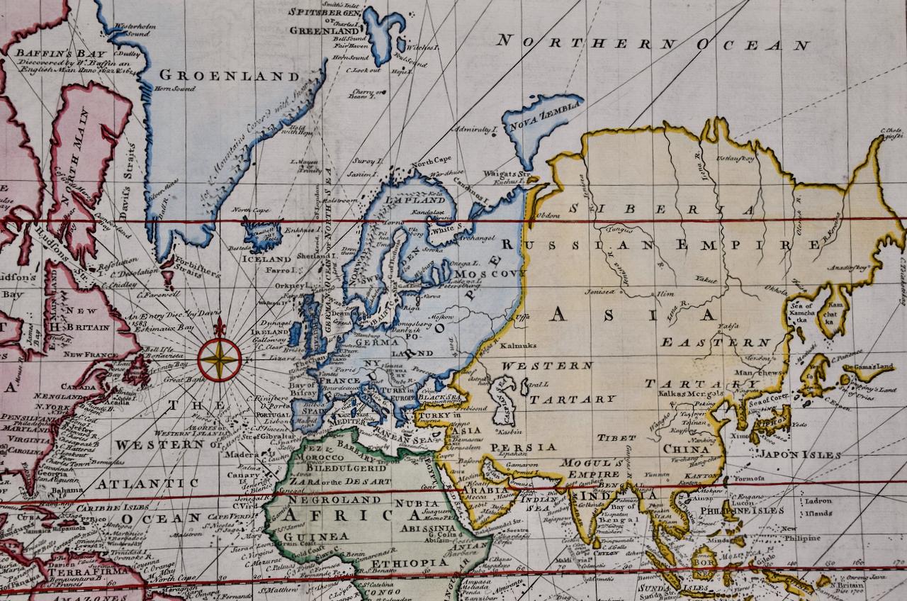 Carte du monde : une carte originale du 18e siècle colorée à la main par E. Bowen en vente 2