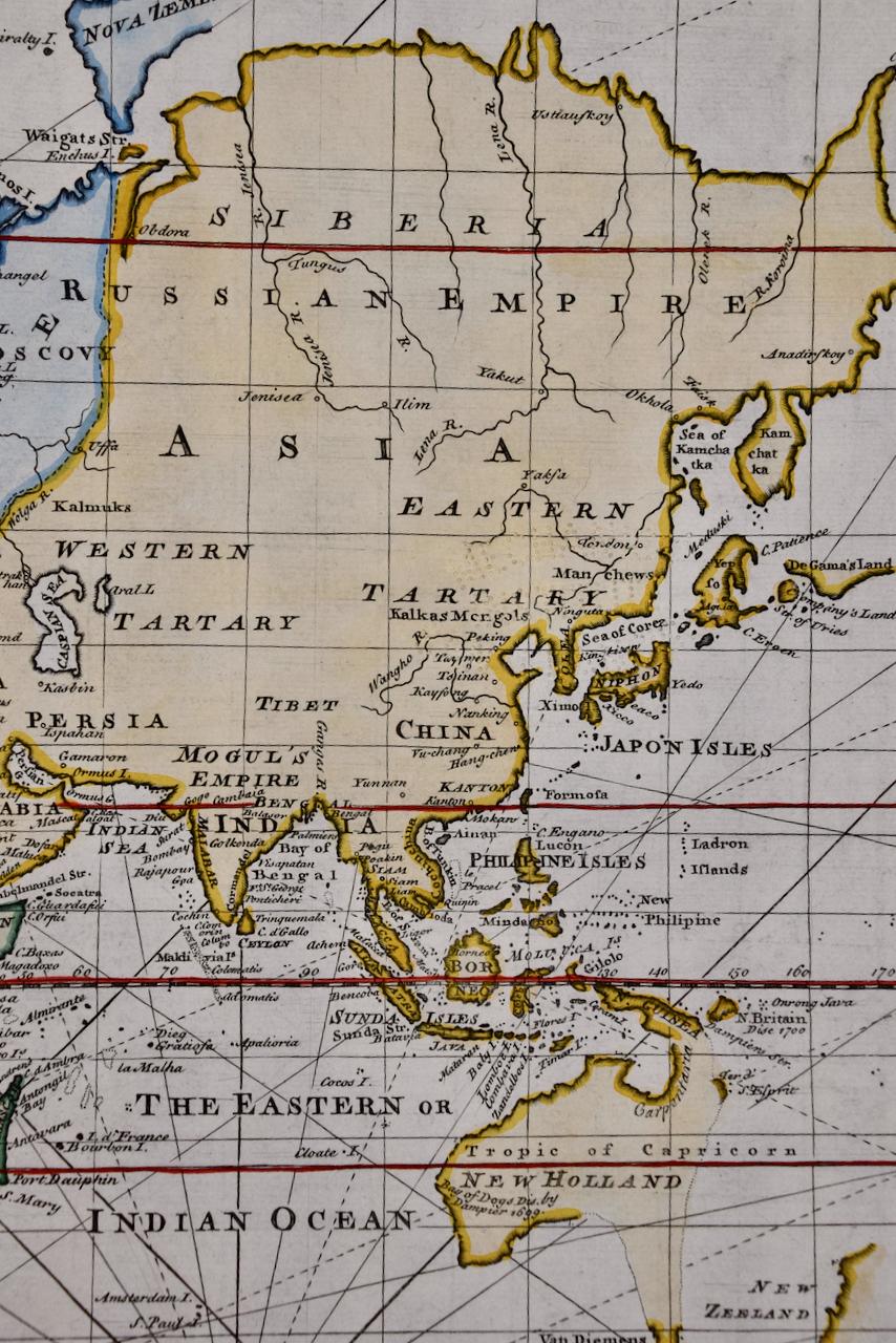 Carte du monde : une carte originale du 18e siècle colorée à la main par E. Bowen en vente 3