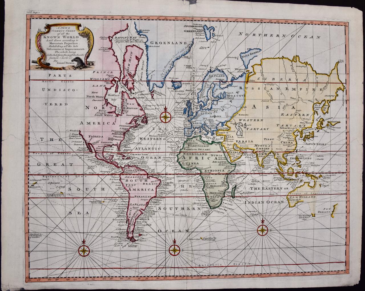 Emanuel Bowen Print - Map of the World: An Original 18th Century Hand-colored Map by E. Bowen