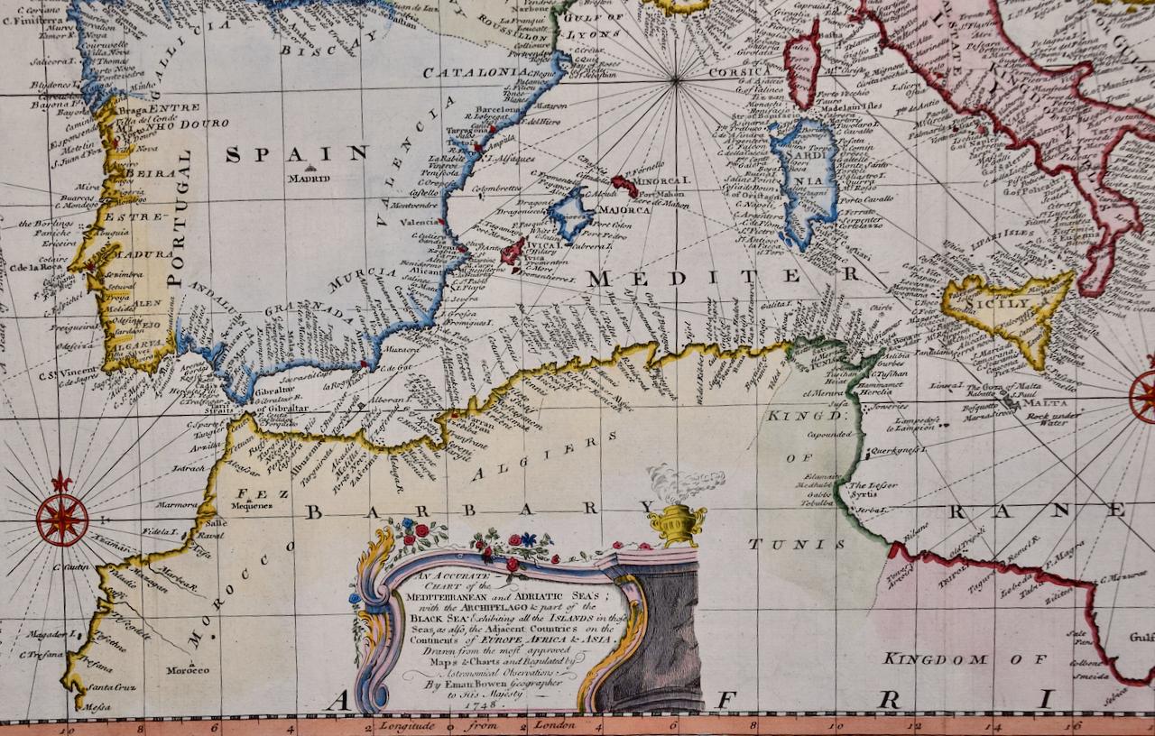 Mers méditerranéennes et Adriatiques : Carte originale du 18e siècle colorée à la main par Bowen - Print de Emanuel Bowen