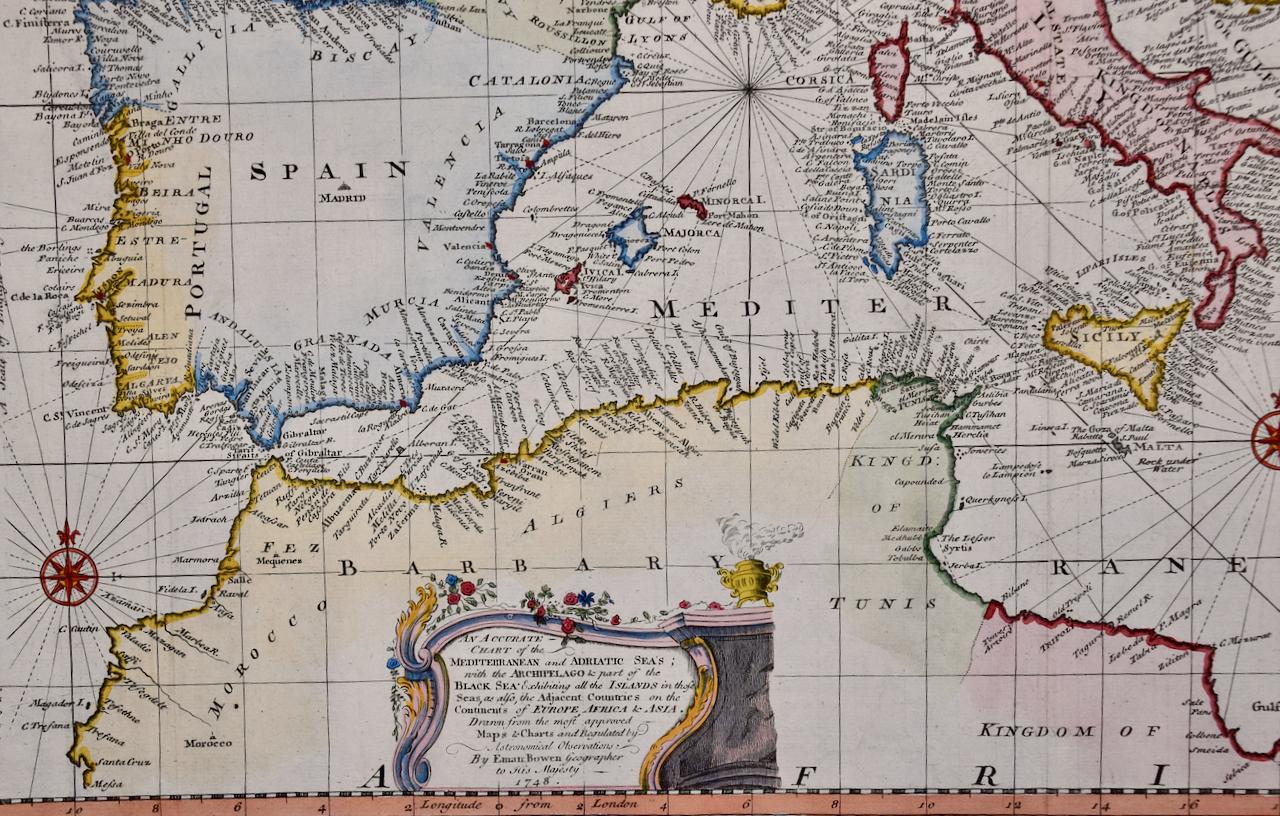 Mediterraneo e Adriatico: Mappa originale del XVIII secolo colorata a mano da Bowen - Print di Emanuel Bowen