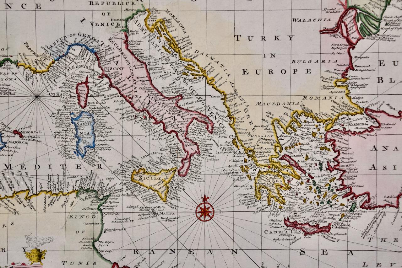 Mers méditerranéennes et Adriatiques : Carte originale du 18e siècle colorée à la main par Bowen - Maîtres anciens Print par Emanuel Bowen