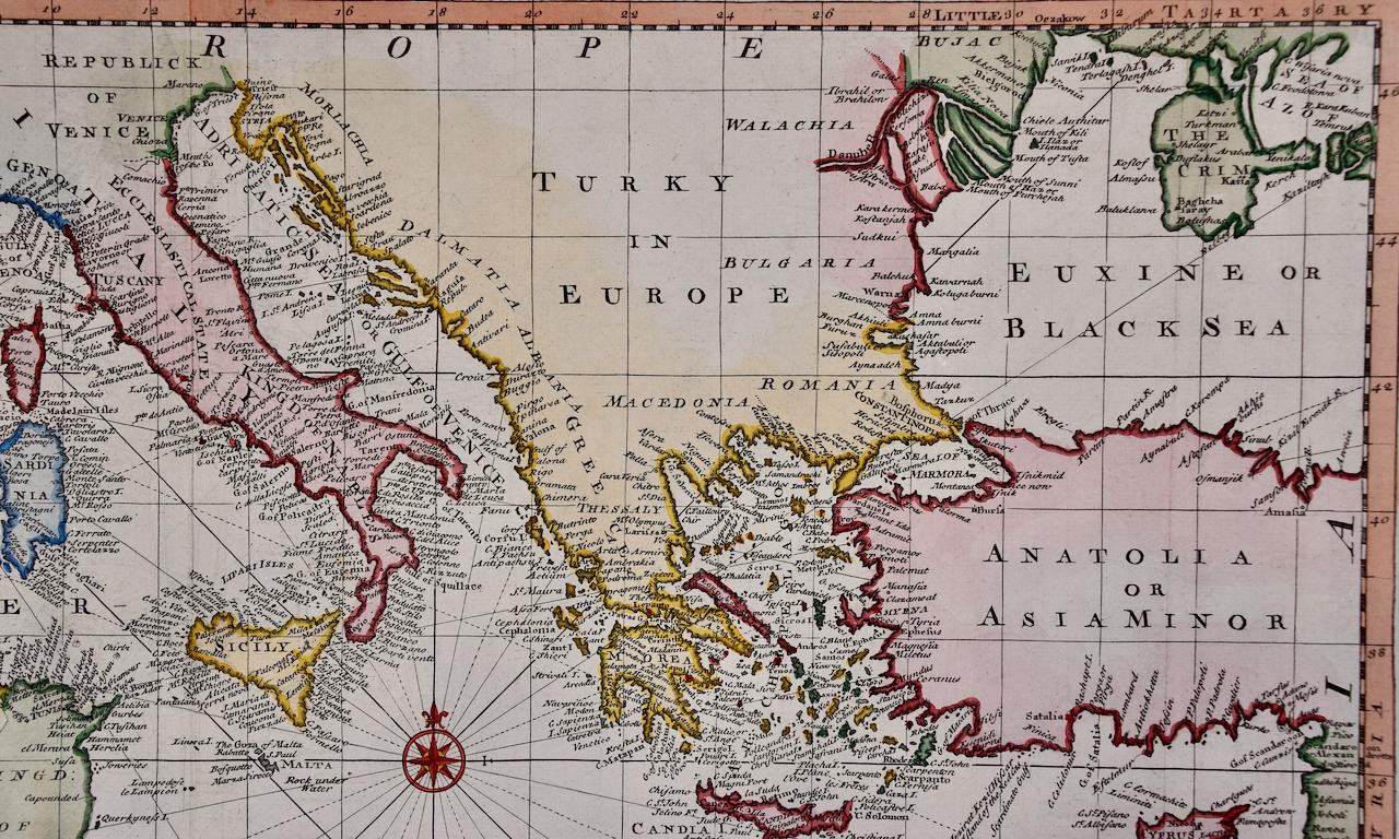 Mers méditerranéennes et Adriatiques : Carte originale du 18e siècle colorée à la main par Bowen - Gris Landscape Print par Emanuel Bowen