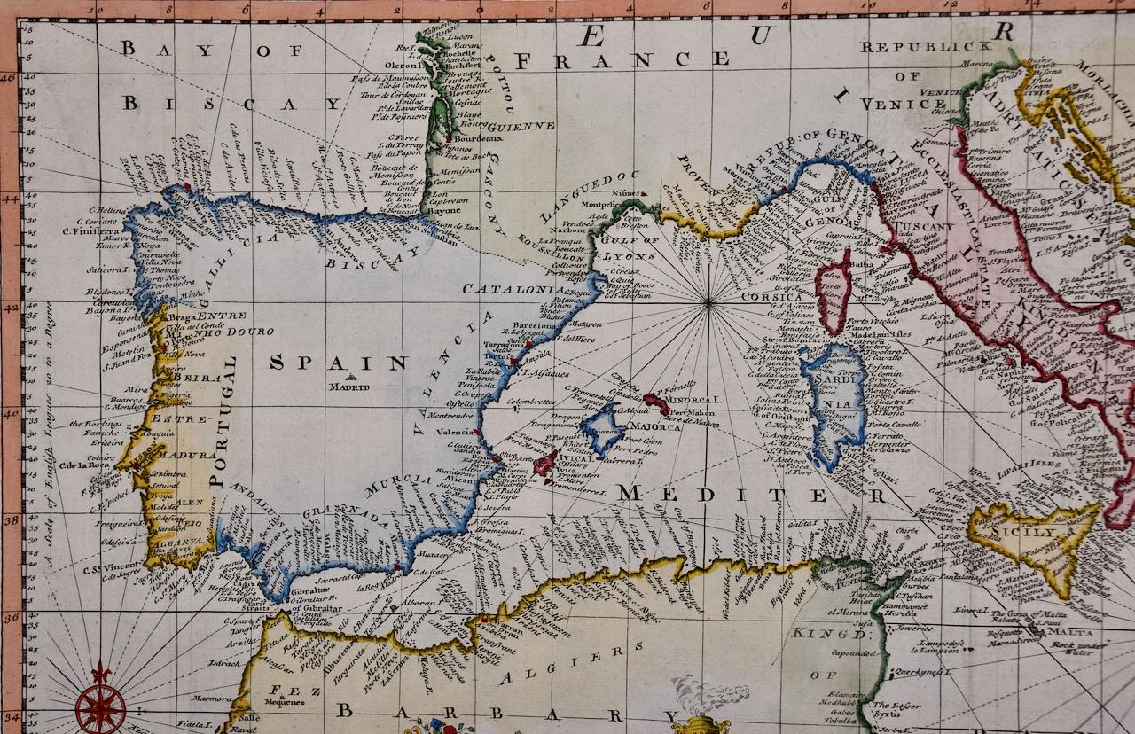 Mediterranean and Adriatic Seas: Original 18th Century Hand-colored Map by Bowen - Old Masters Print by Emanuel Bowen