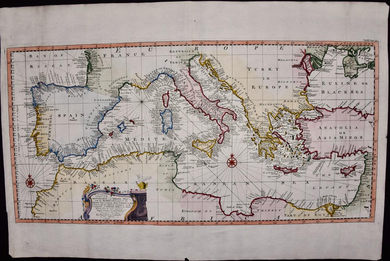 Emanuel Bowen Landscape Print – Mittelmeer- und Adriasee: Originale handkolorierte Karte aus dem 18. Jahrhundert von Bowen