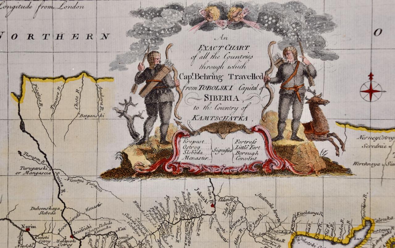 La Sibérie telle qu'explorée par Behring : carte originale du 18ème siècle colorée à la main par Bowen - Print de Emanuel Bowen