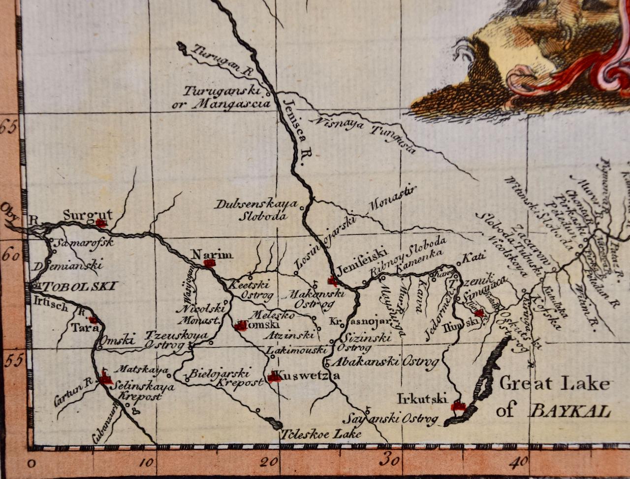 La Sibérie telle qu'explorée par Behring : carte originale du 18ème siècle colorée à la main par Bowen - Maîtres anciens Print par Emanuel Bowen