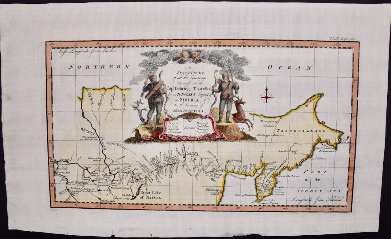 Landscape Print Emanuel Bowen - La Sibérie telle qu'explorée par Behring : carte originale du 18ème siècle colorée à la main par Bowen