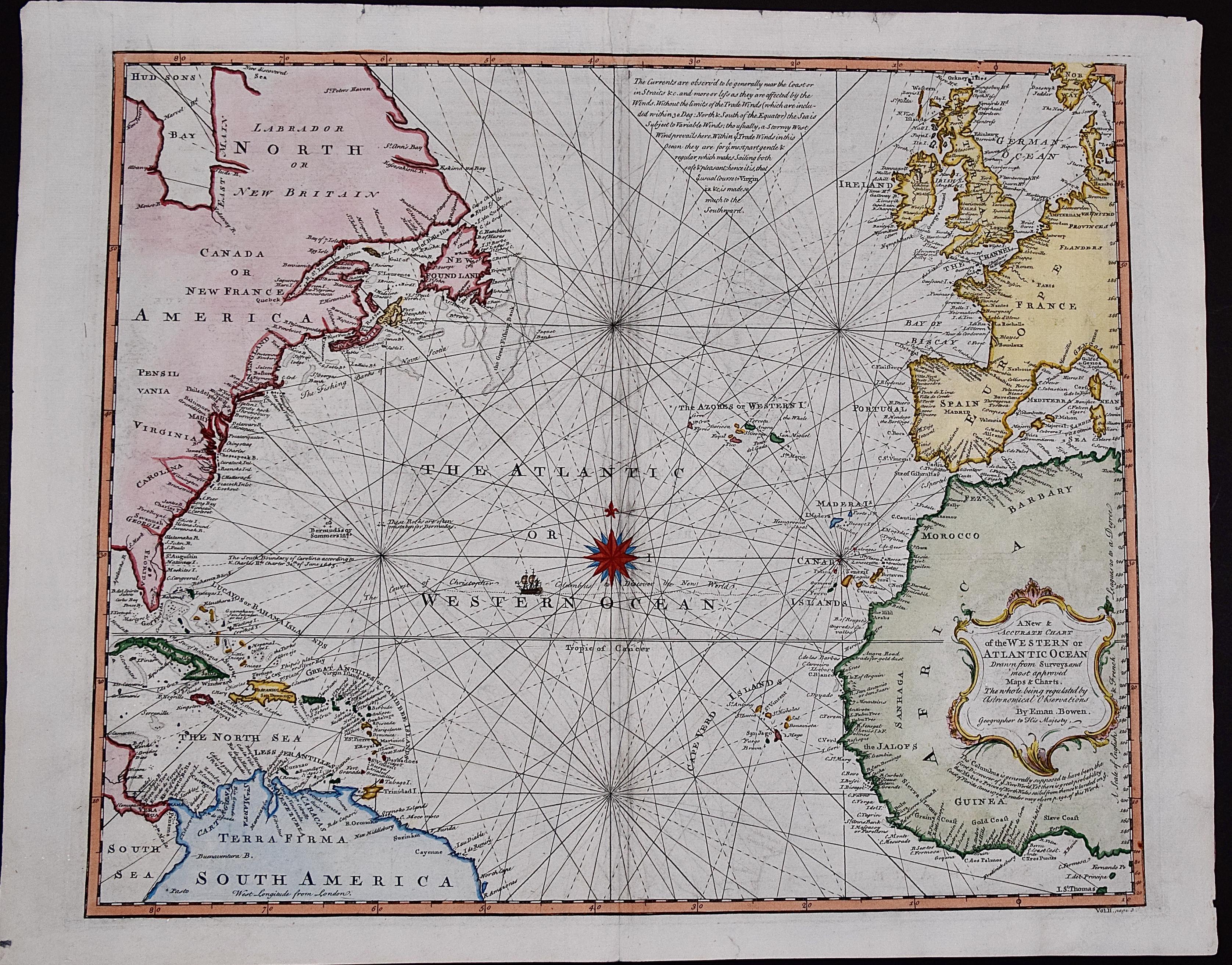 Emanuel Bowen Print - The Atlantic Ocean, Americas, Africa and Europe: Hand-colored 18th C. Bowen Map 