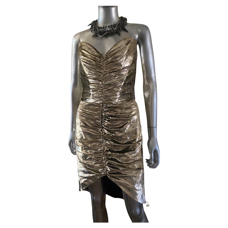 Emanuel Designer Ruched Gold Metallic High-Low Bustier Dress, England Size 8