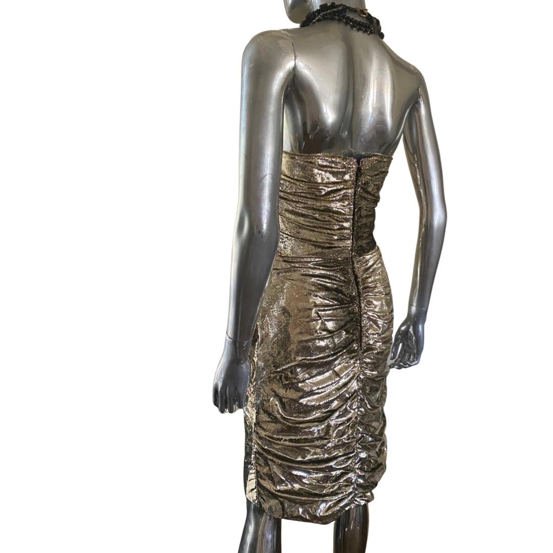 Gray Emanuel Designer Ruched Gold Metallic High-Low Bustier Dress, England Size 8 For Sale