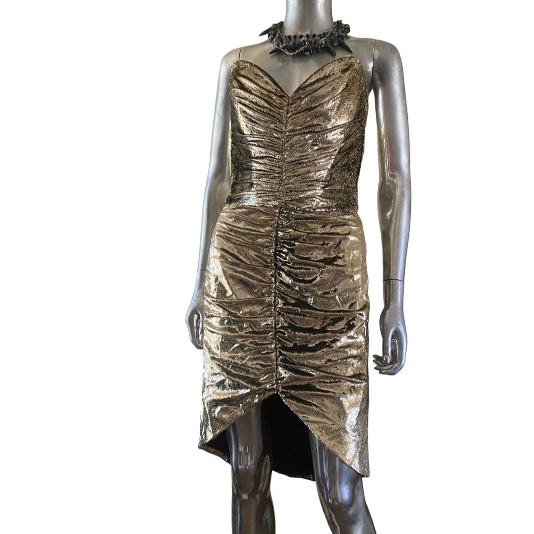 Women's Emanuel Designer Ruched Gold Metallic High-Low Bustier Dress, England Size 8 For Sale
