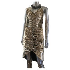 Vintage Emanuel Designer Ruched Gold Metallic High-Low Bustier Dress, England Size 8
