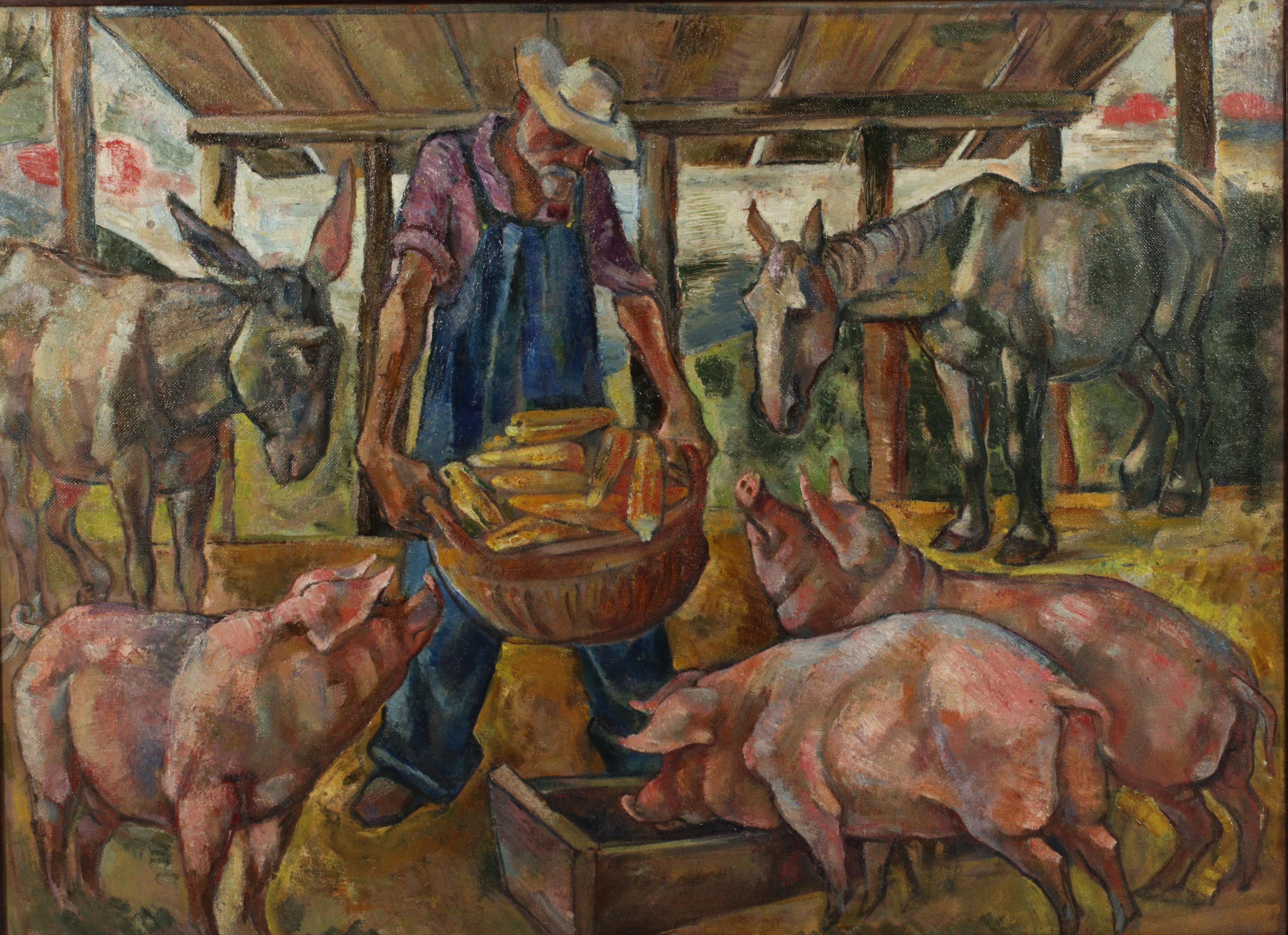 Farmer Feeding Animals - Painting by Emanuel Glicenstein Romano