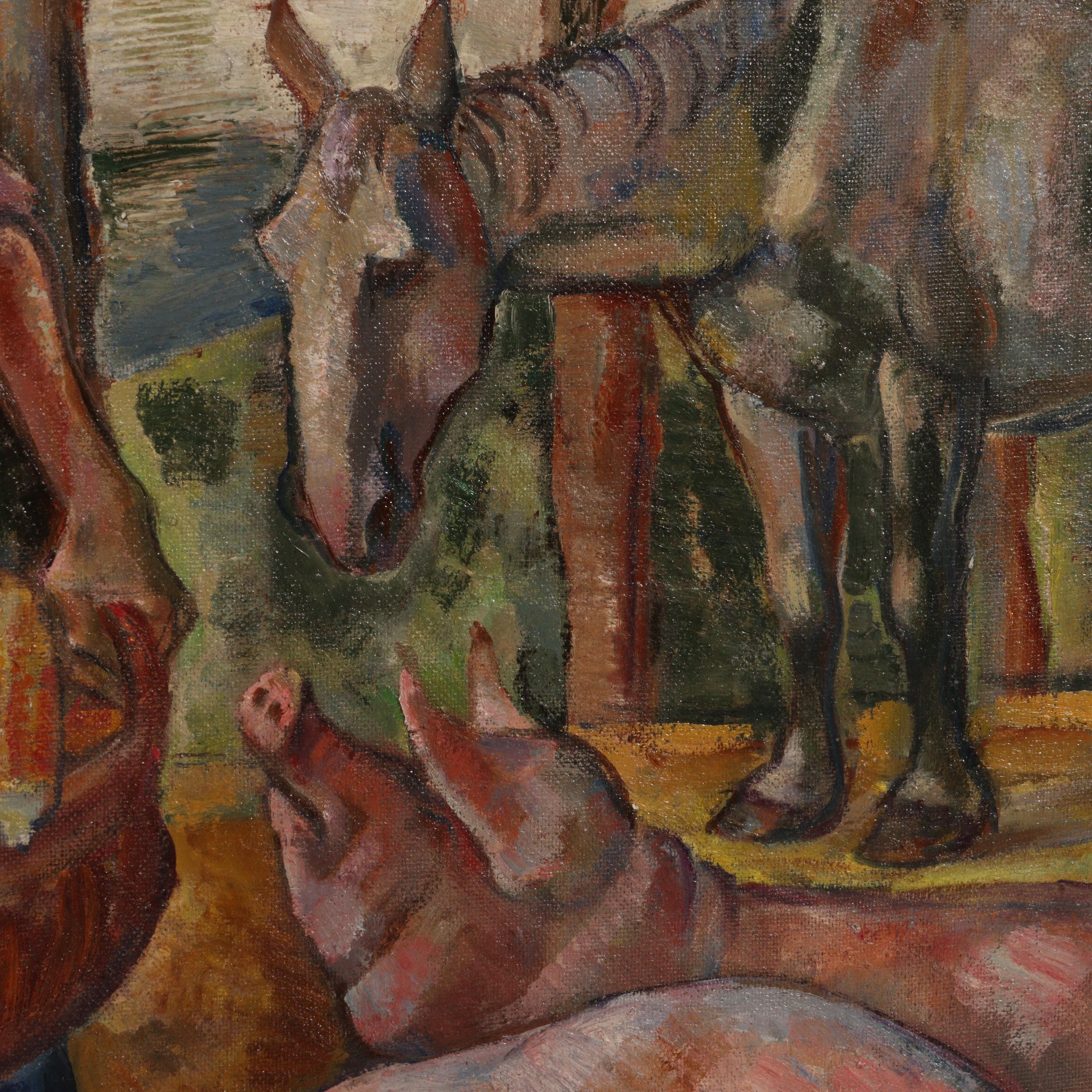 Farmer Feeding Animals - Brown Figurative Painting by Emanuel Glicenstein Romano