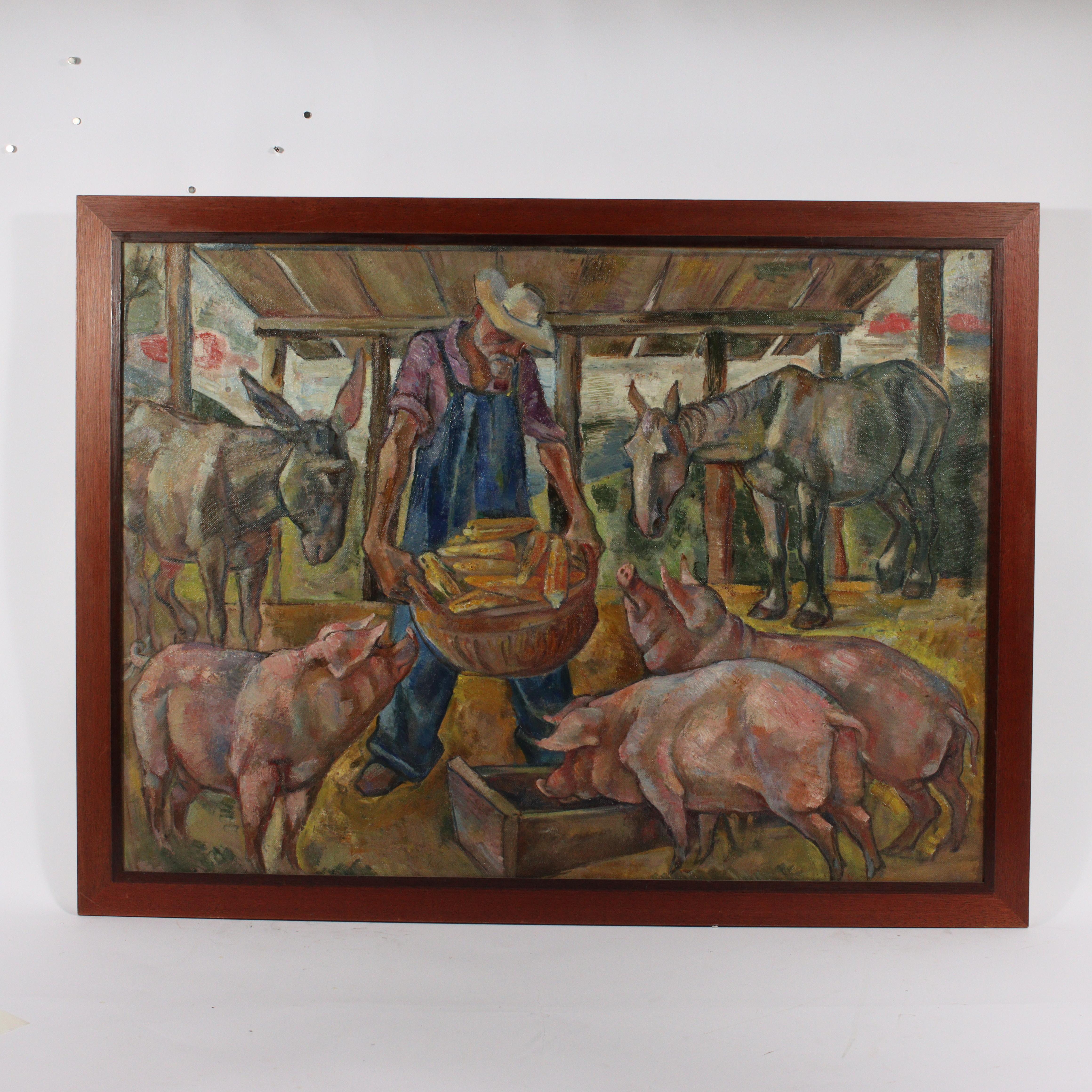 Emanuel Glicenstein Romano Figurative Painting - Farmer Feeding Animals
