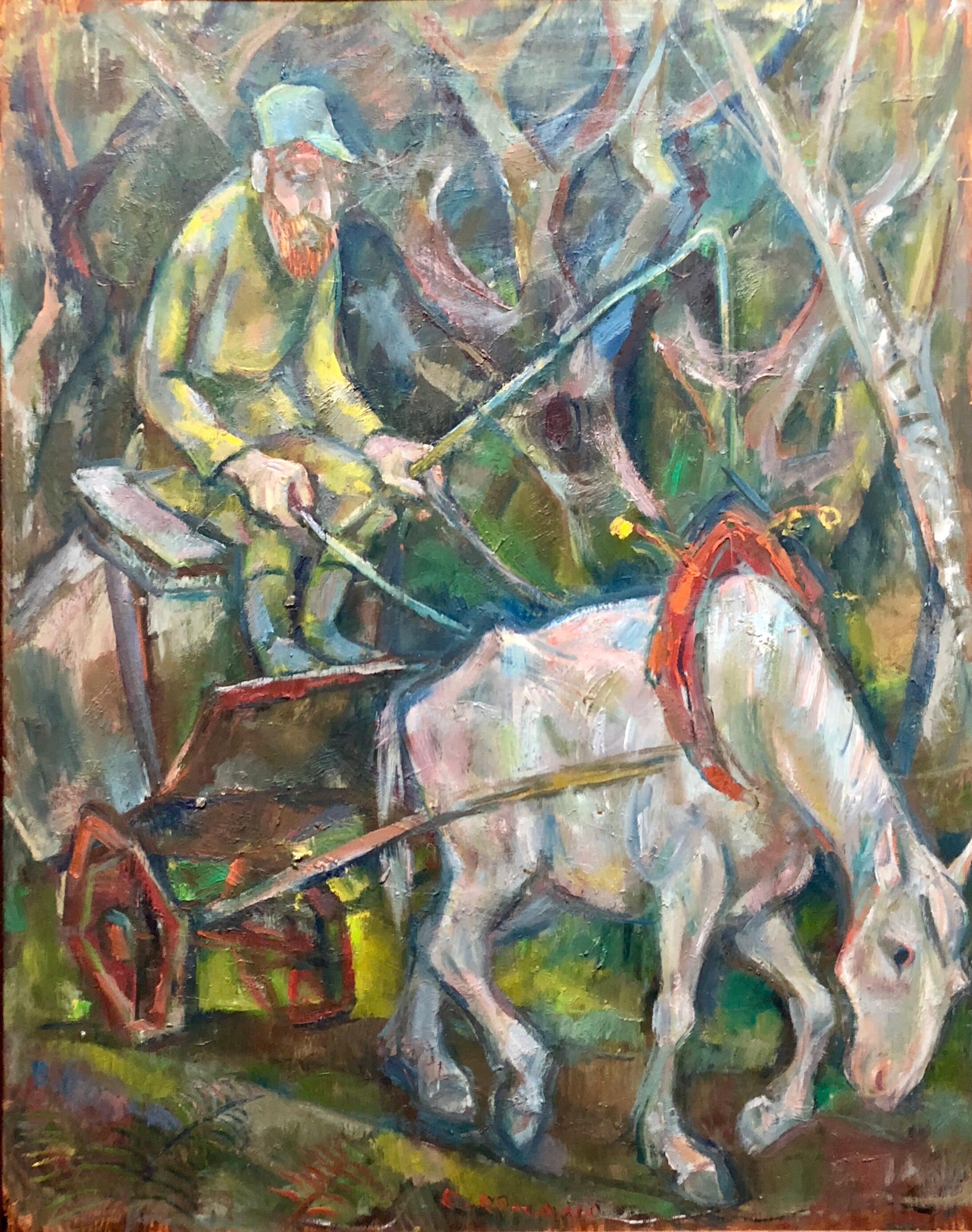Genre: Modern
Subject: Landscape with figure of horse, driver and wagon
Medium: Oil
Surface: wood Board 


EMANUEL ROMANO
Rome, Italy, b. 1897, d. 1984
Emanuel Glicen Romano was born in Rome, September 23, 1897. 

His father Henryk Glicenstein was a