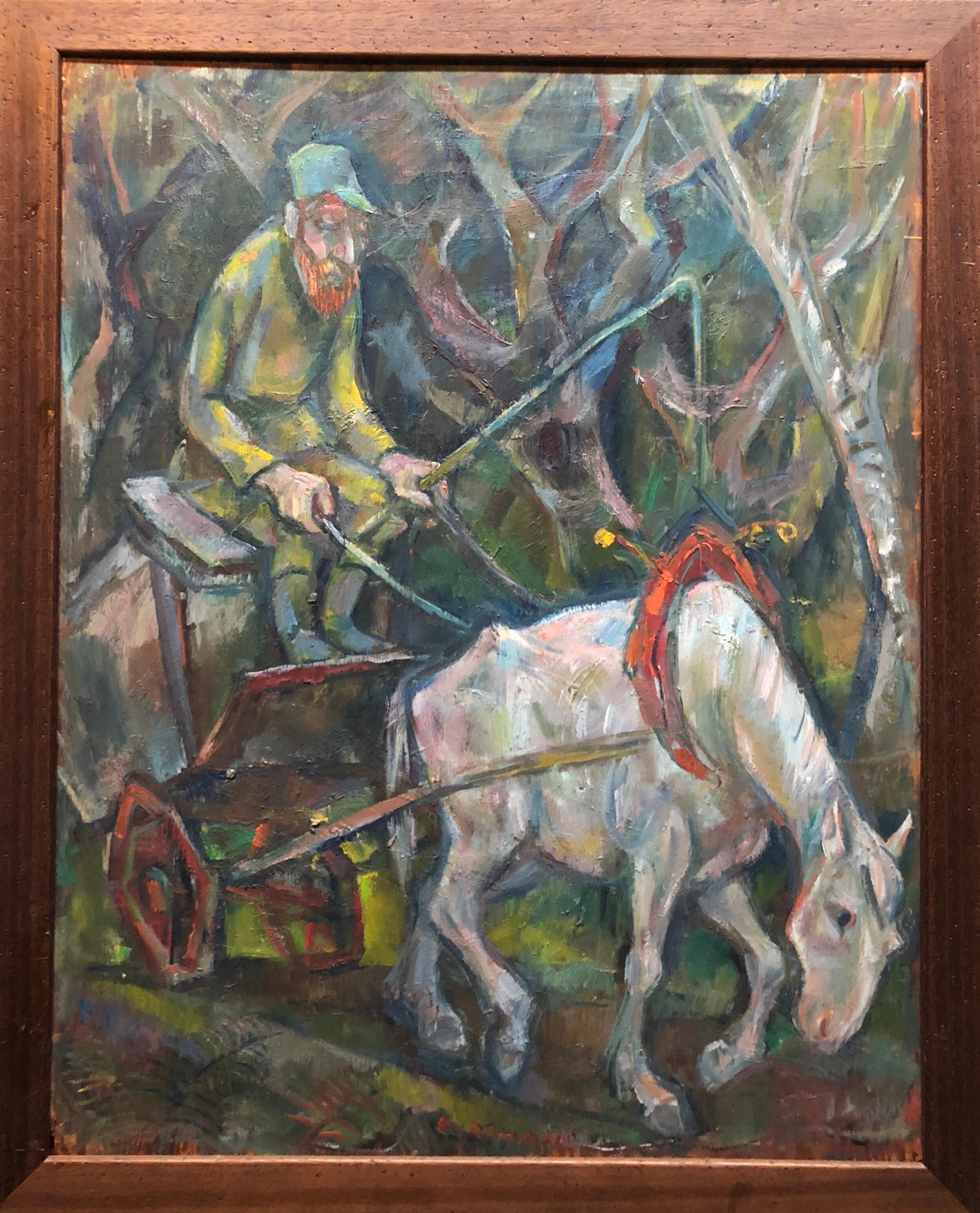  Large Modernist Oil Painting 1940s, Judaica Hasidic Shtetl Wagon Driver WPA Era For Sale 1