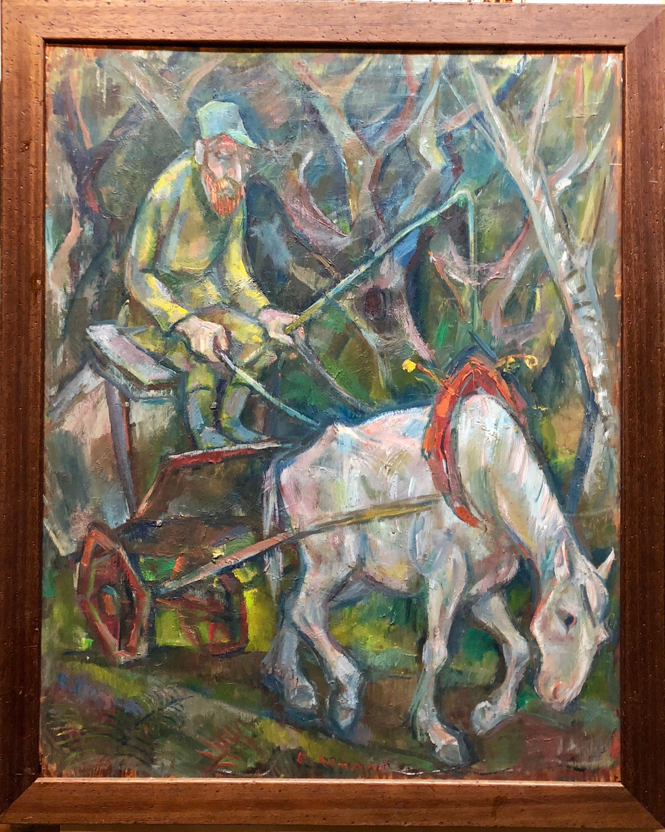 Large Modernist Oil Painting 1940s, Judaica Hasidic Shtetl Wagon Driver WPA Era
