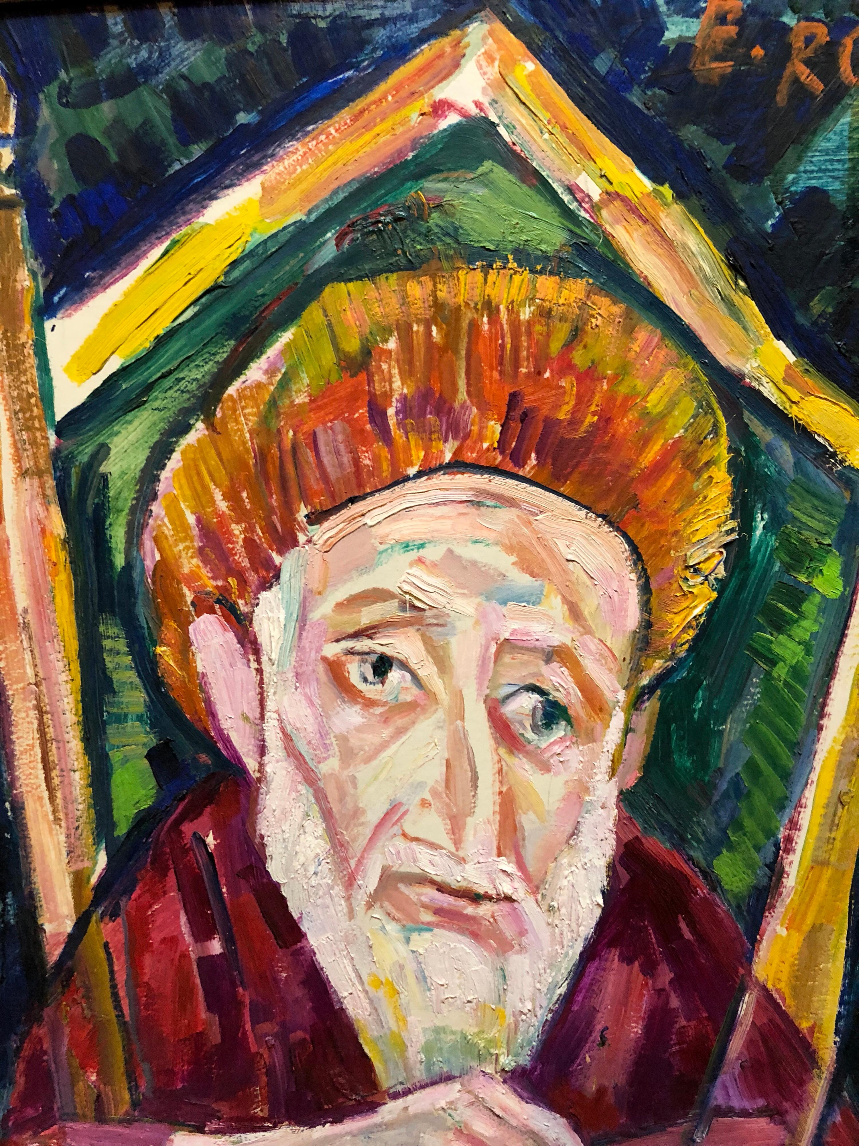 Modernist Oil Painting 1940s, Judaica Hasidic Rabbi in Jerusalem For Sale 1