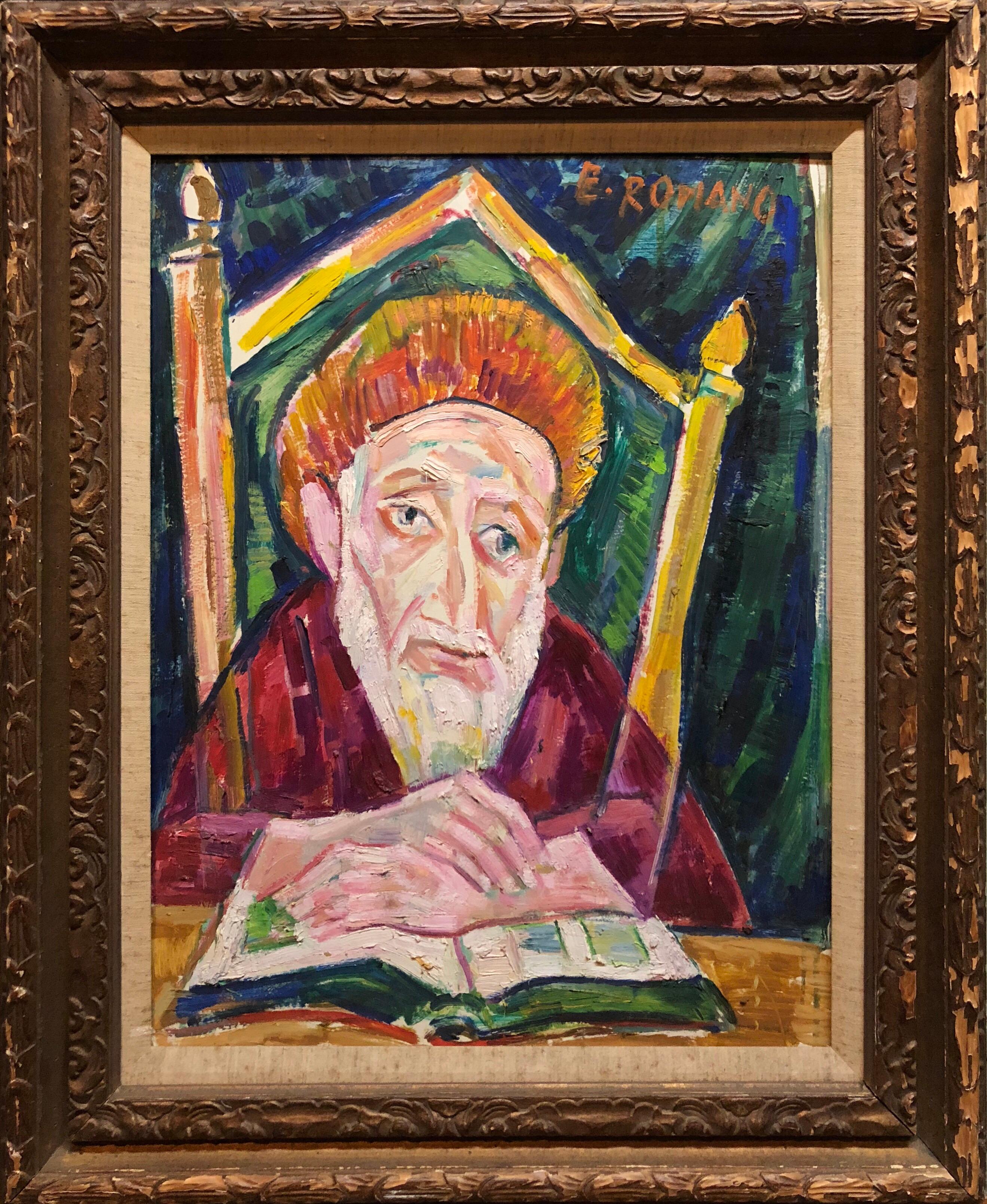 Emanuel Glicenstein Romano Figurative Painting - Modernist Oil Painting 1940s, Judaica Hasidic Rabbi in Jerusalem