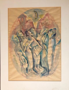 Modernist Watercolor Painting Judaica Kiddush Levana Blessing New Moon