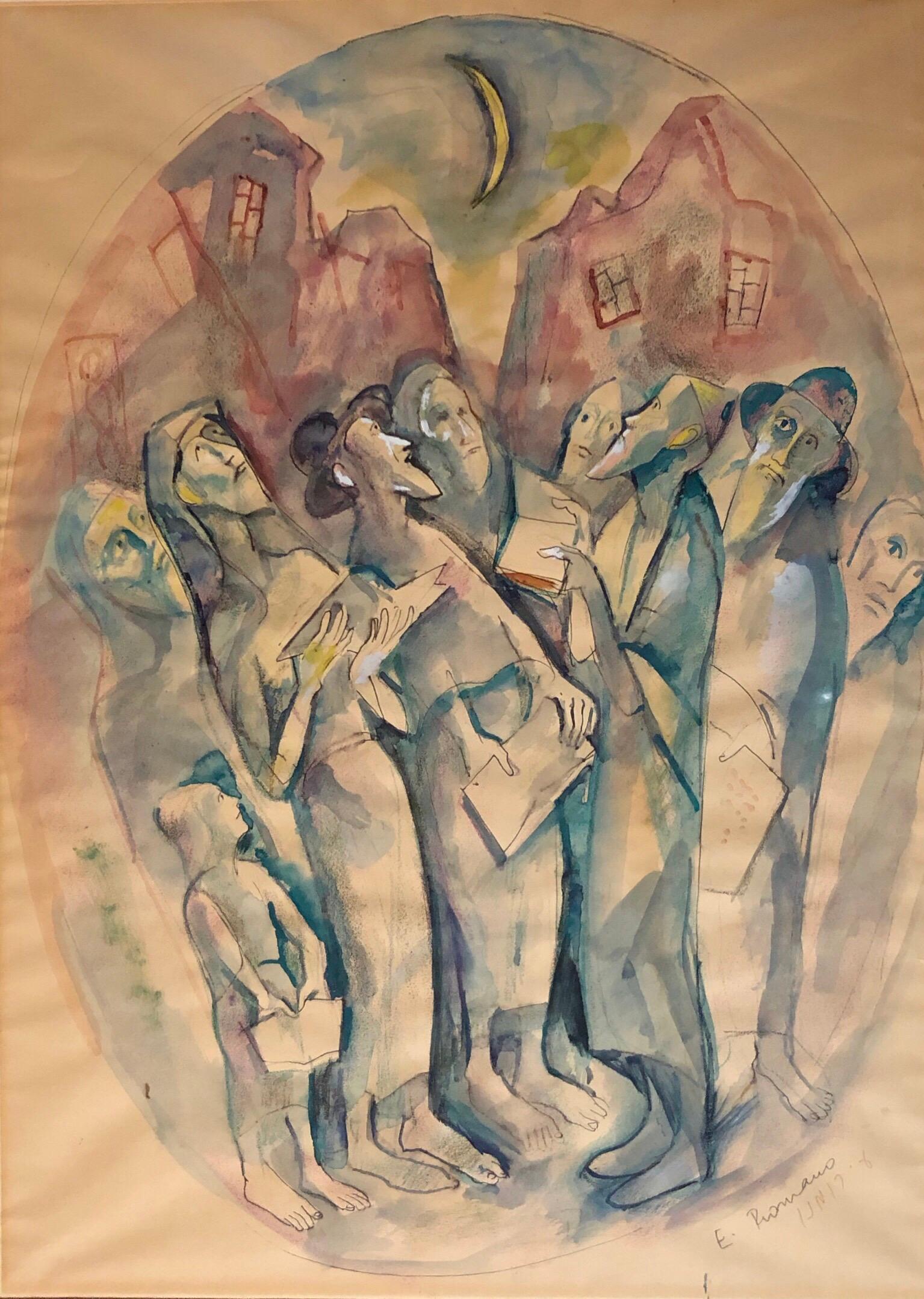 Modernist Watercolor Painting Judaica Kiddush Levana Blessing New Moon For Sale 1