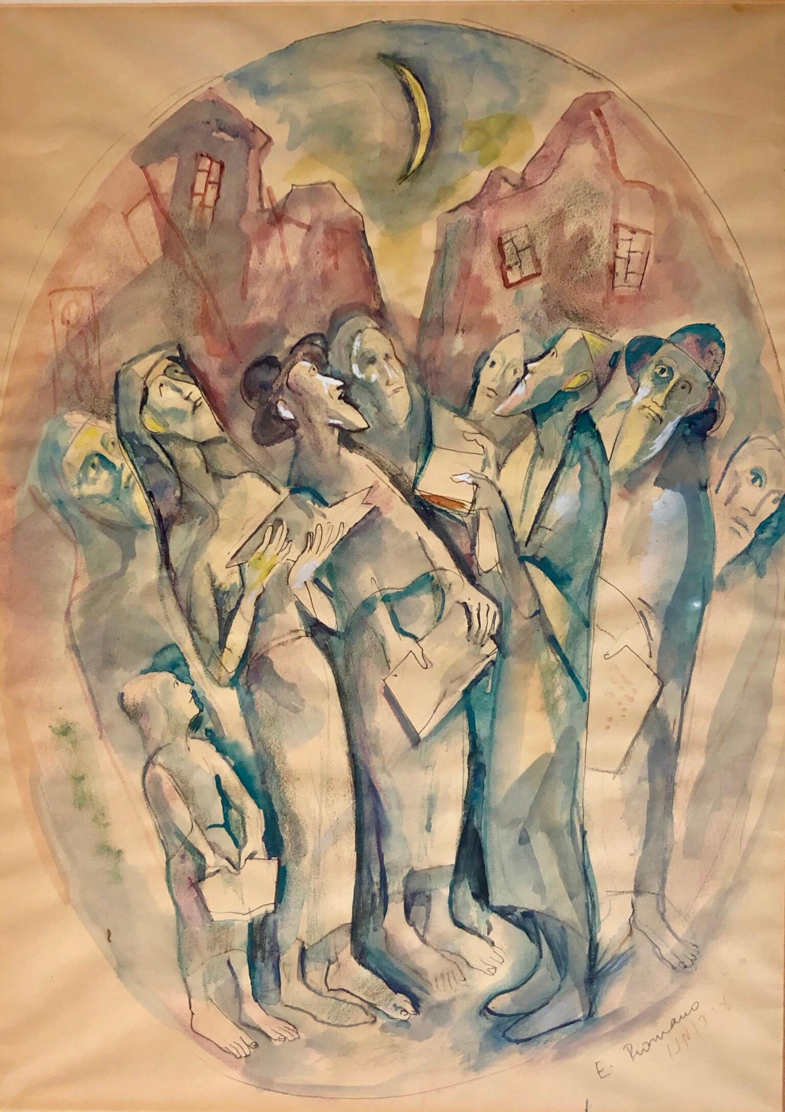 Emanuel Glicenstein Romano Figurative Painting - Modernist Watercolor Painting Judaica Kiddush Levana Blessing New Moon