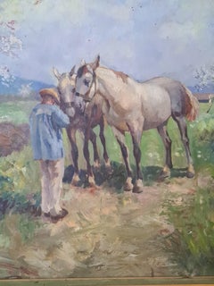 Un fermier, des chevaux, des dindes et des fleurs en boutons, peinture impressionniste à l'huile sur panneau de bois