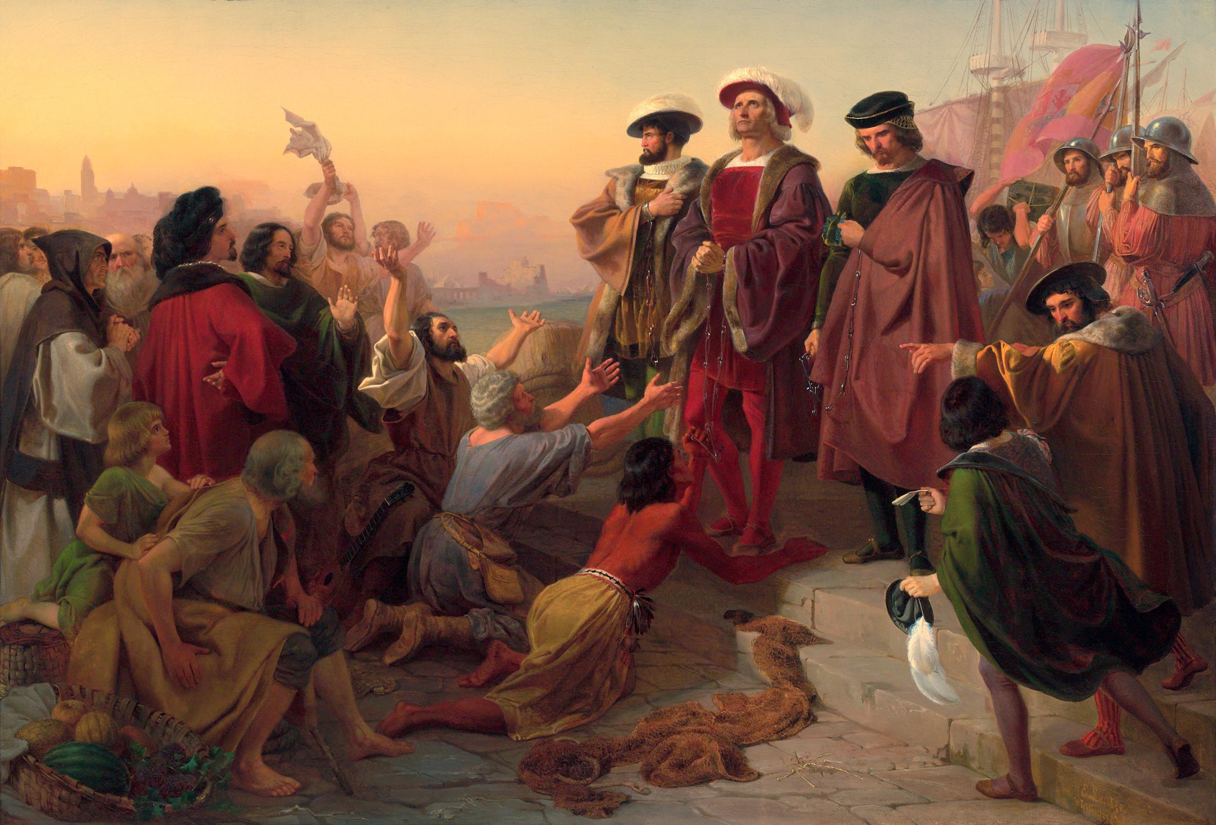 Emanuel Leutze
1816-1868  American

Return of Columbus in Chains to Cadiz

Signed E. Leutze / Philadelphia (lower right)
Oil on canvas

Painted by the artist in 1842, this masterpiece titled Return of Columbus in Chains to Cadiz portrays Columbus in