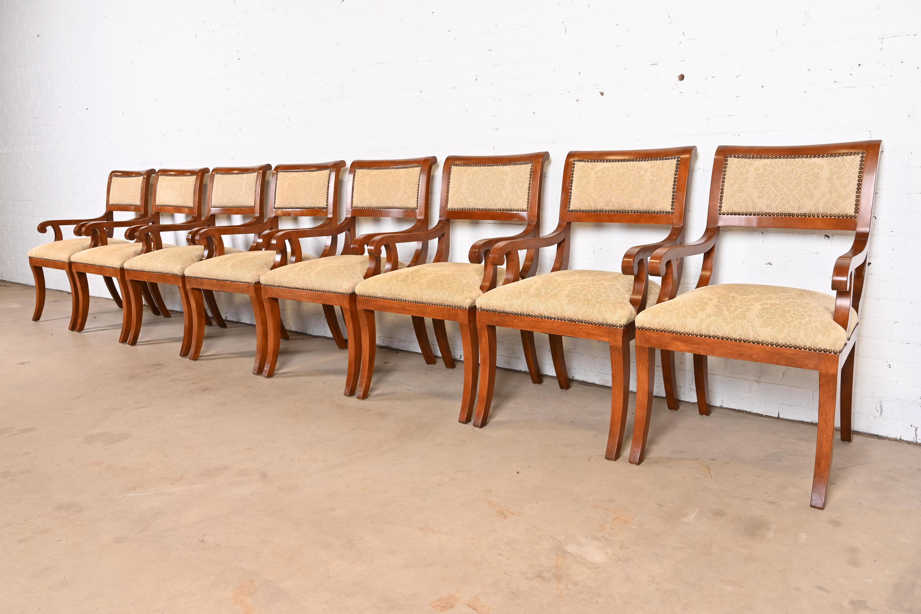 A gorgeous set of eight Neoclassical or Regency style Chadwick dining armchairs

By Emanuel Morez

USA, Circa Late 20th Century

Carved cherry wood frames, with damask upholstered seats and backs.

Measures: 21.5