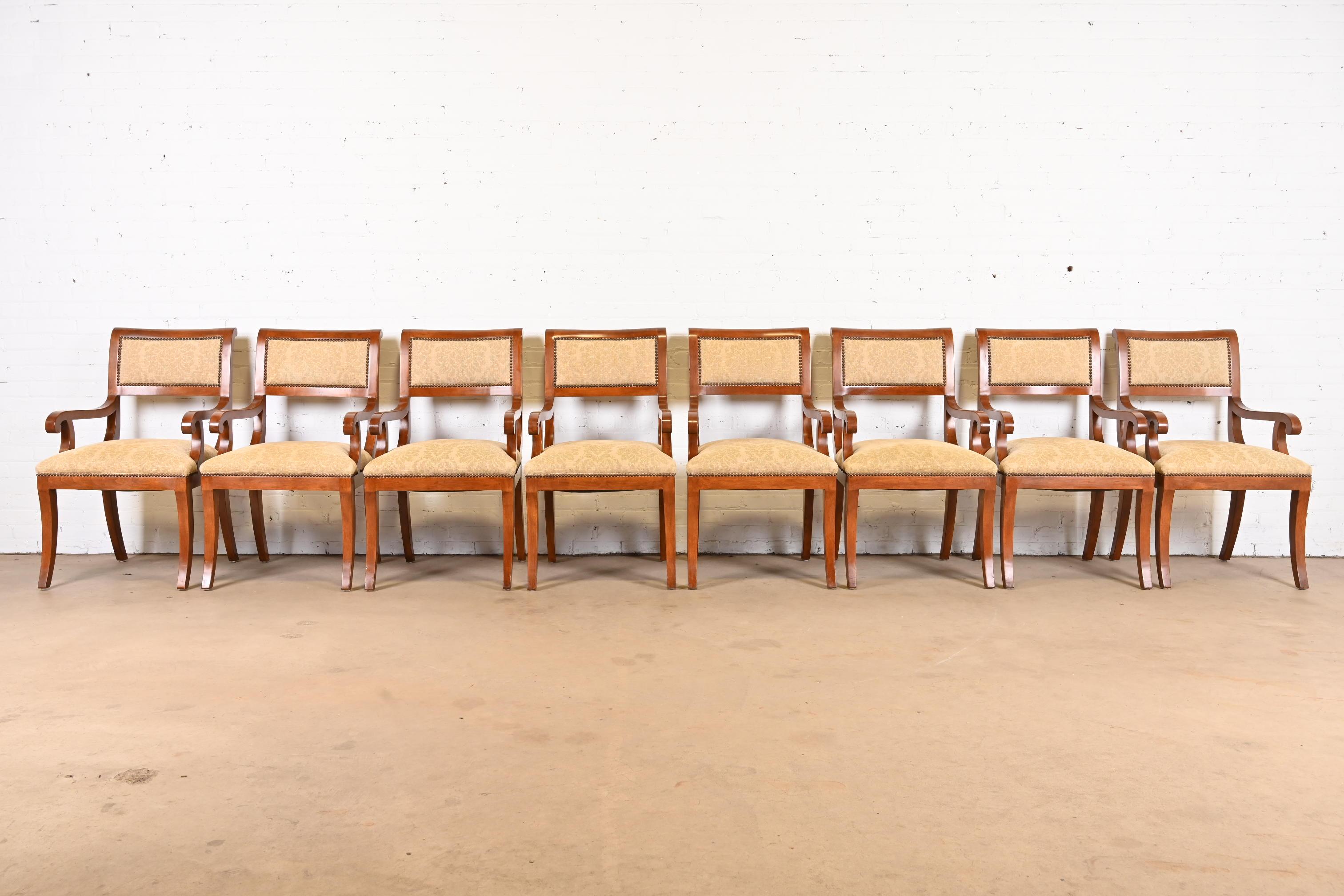 Upholstery Emanuel Morez Regency Cherry Wood Chadwick Dining Armchairs, Set of Eight