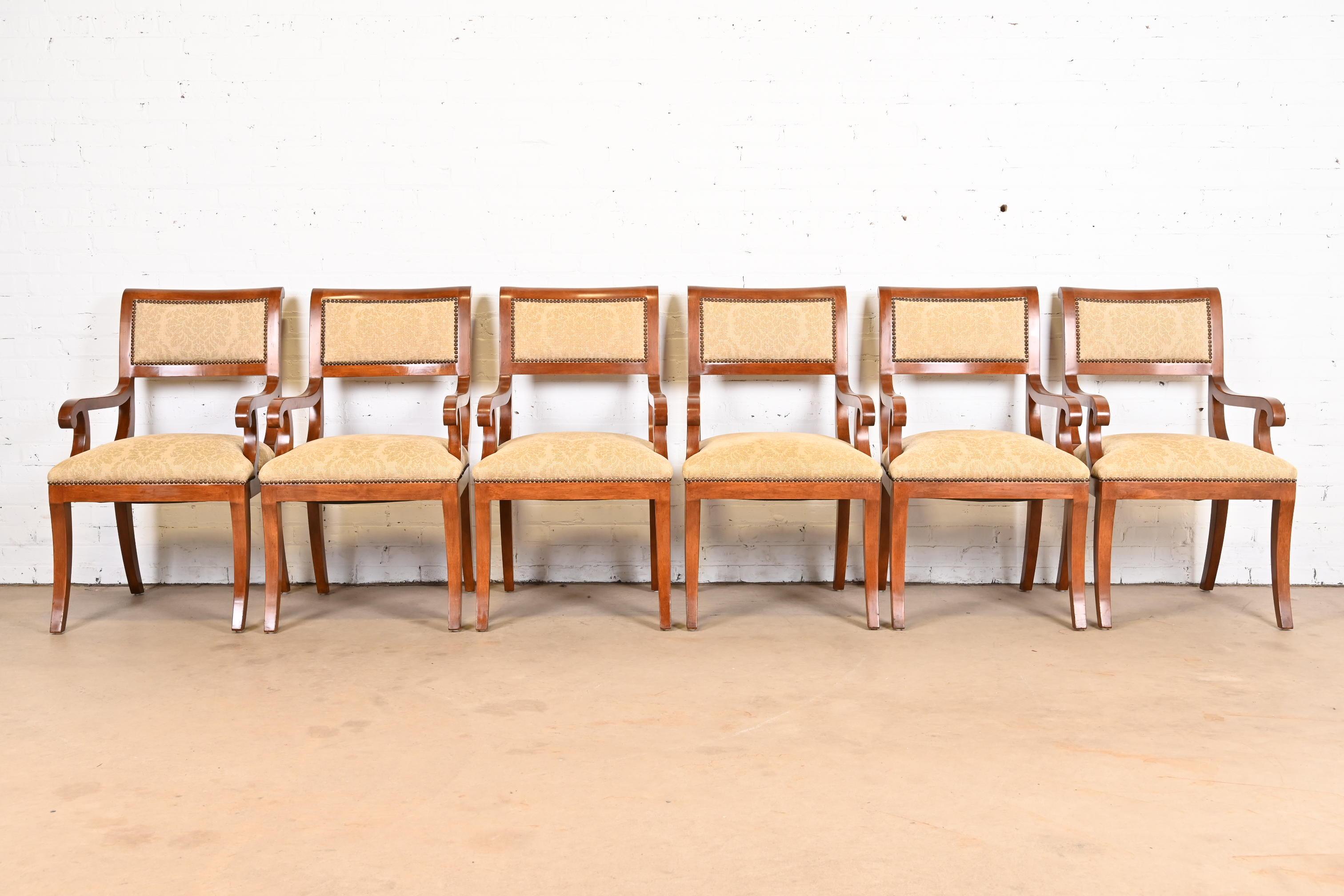 Upholstery Emanuel Morez Regency Cherry Wood Chadwick Dining Armchairs, Set of Six