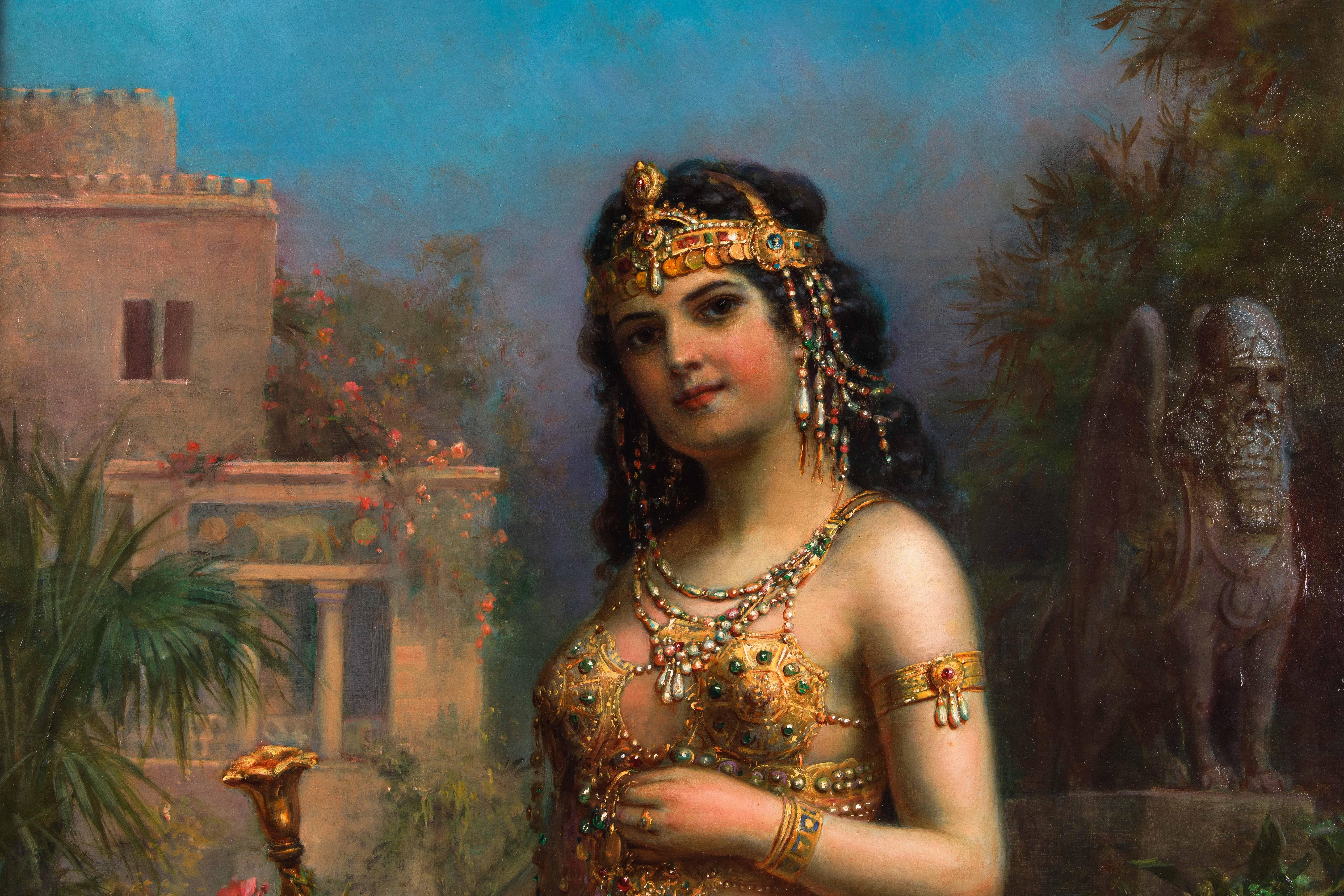 Emanuel Oberhauser (Austrian, 1854-1919) an exceptional quality full length oil on canvas painting of a Young Orientalist Queen or Odalisque, 19th century, circa 1885

Masterfully painted, this artwork depicts a full length portrait of a young