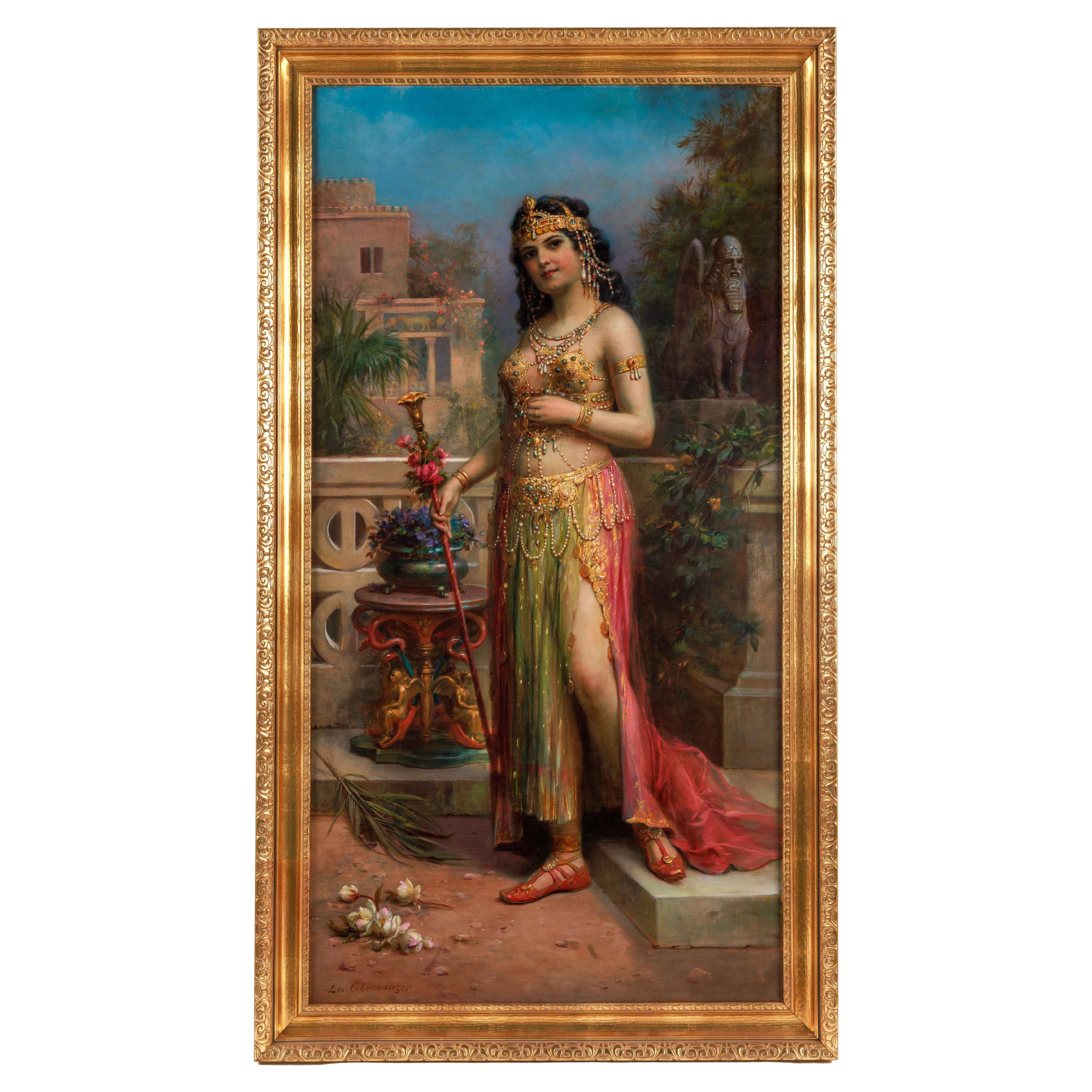 Emanuel Oberhauser, portrait en pied d'une « reine orientaliste », huile sur toile