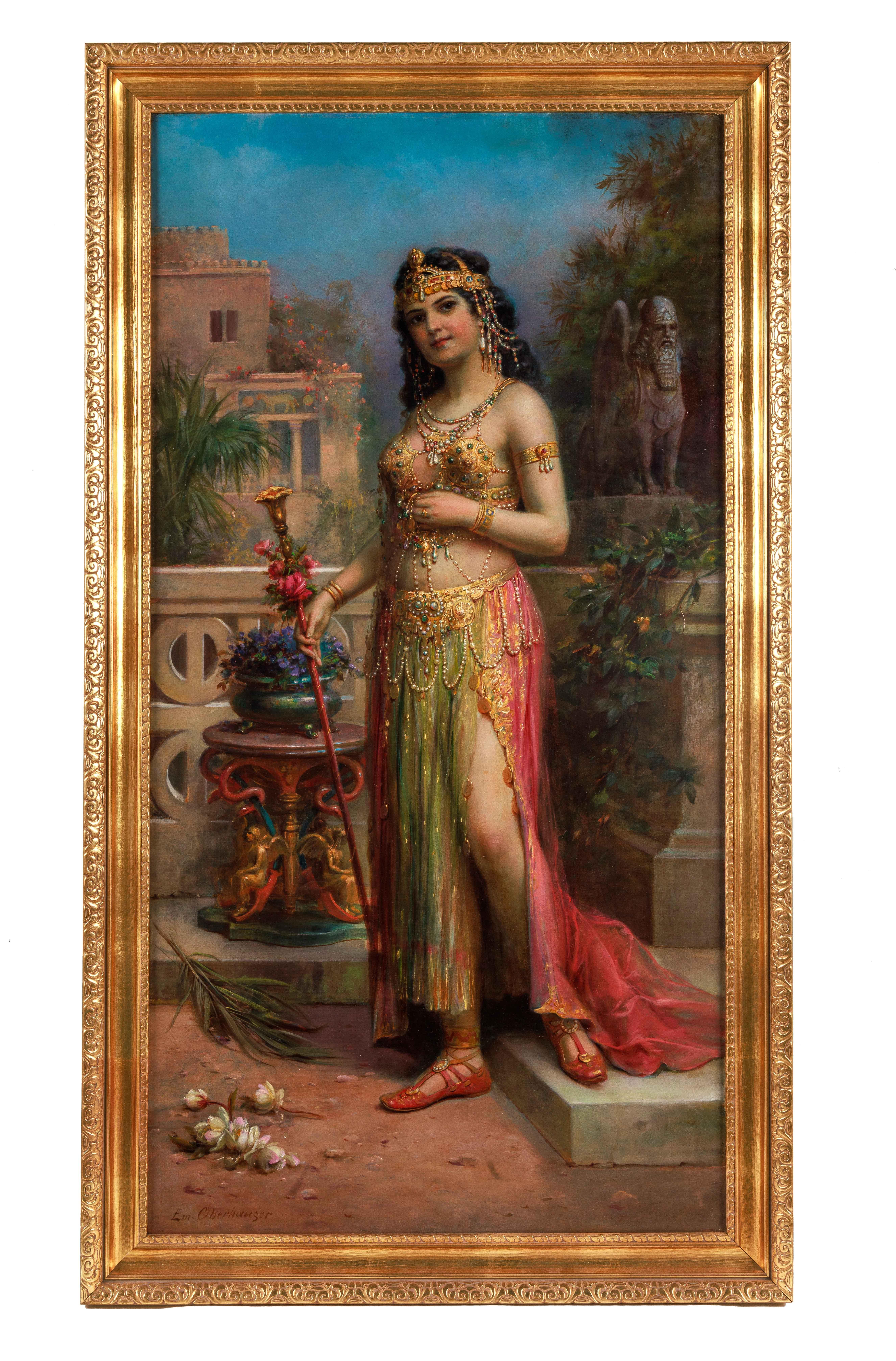 Emanuel Oberhauser (Österreicher, 1854 - 1919) Eine außergewöhnliche Qualität Öl auf Leinwand Gemälde einer jungen orientalischen Königin / Odaliske. 19. Jahrhundert, um 1885

Dieses meisterhaft gemalte Kunstwerk zeigt das Porträt einer jungen Frau