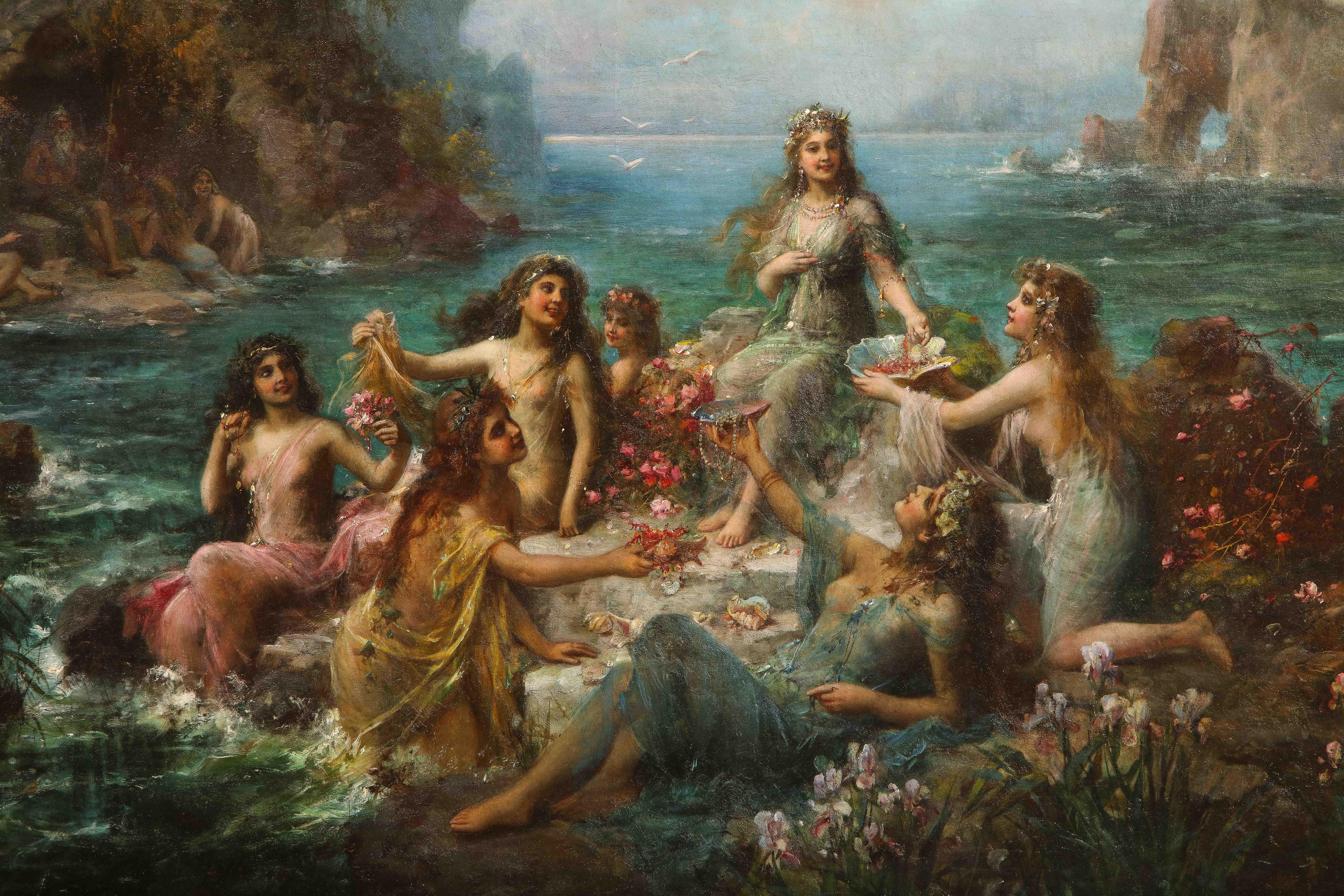 Emanuel Oberhauser (Austrian 1854 - 1919) “Mermaids, Neptune and Sea Water Nymphs” 

An Exceptional Oil on Canvas Painting painted circa 1885. 

Masterfully painted, this artwork depicts a full scale portrait of “Mermaids, Neptune and Sea Water