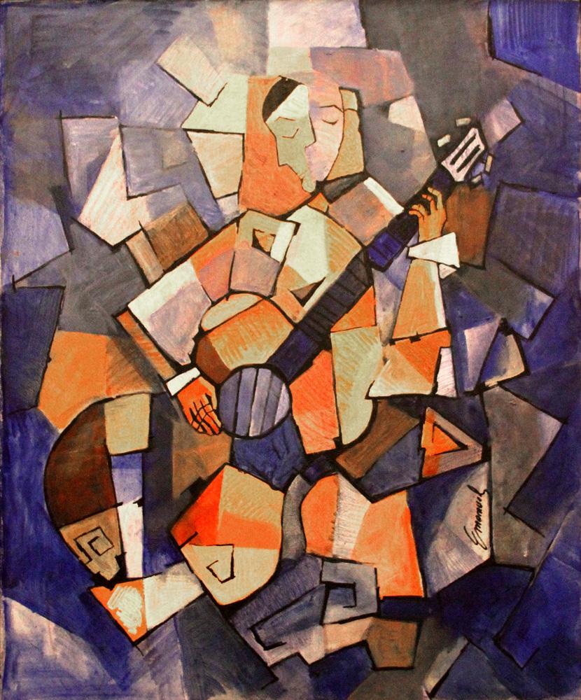 Cubist abstract painting of Man with Guitar - Painting by Emanuel Ologeano