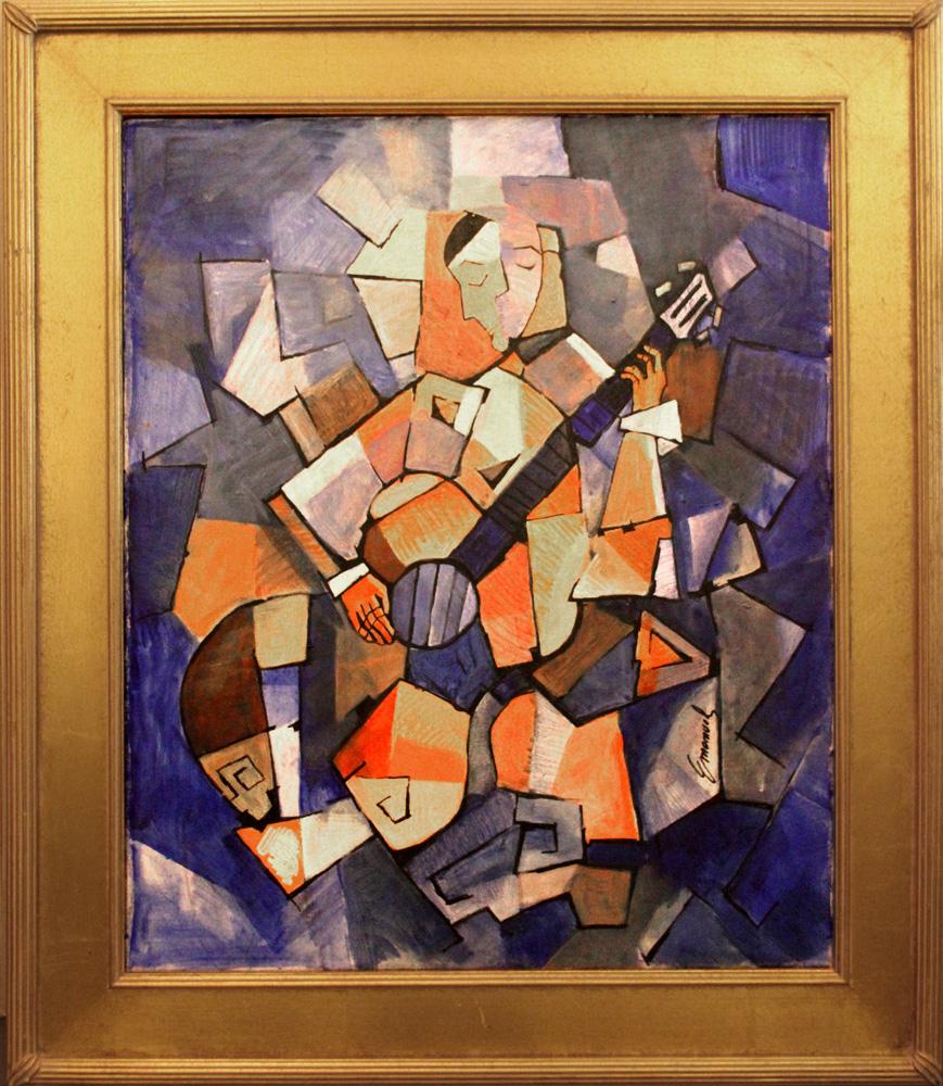 Emanuel Ologeano Figurative Painting - Cubist abstract painting of Man with Guitar