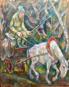 Large Modernist Oil Painting 1940s, Judaica Hasidic Shtetl Wagon Driver WPA Era
