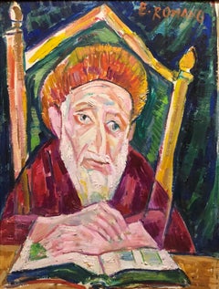 Modernist Oil Painting 1940s, Judaica Hasidic Rabbi in Jerusalem