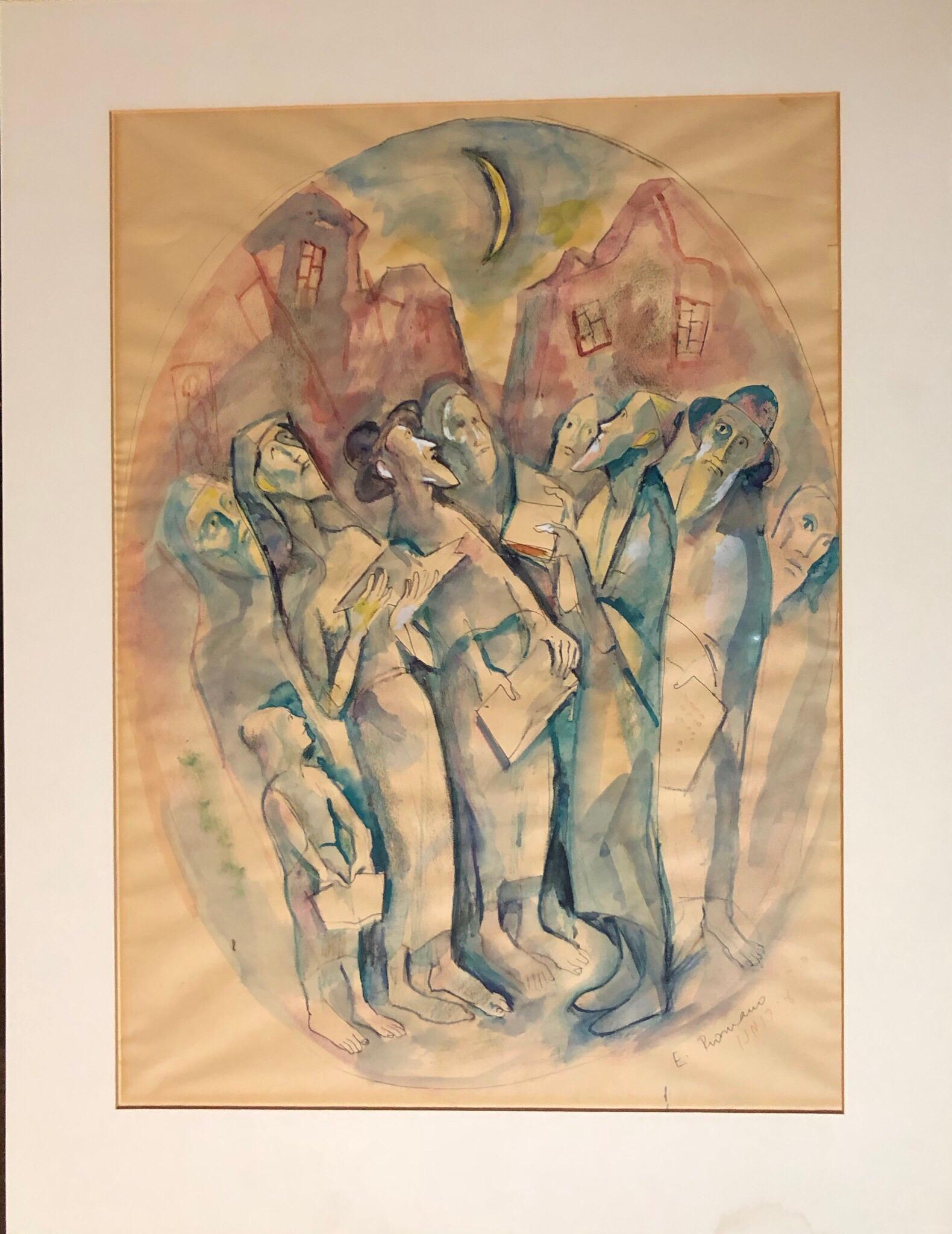 Modernistisches Aquarellgemälde Judaica Kiddush Levana Blessing New Moon, Judaica – Painting von Emanuel Glicenstein Romano